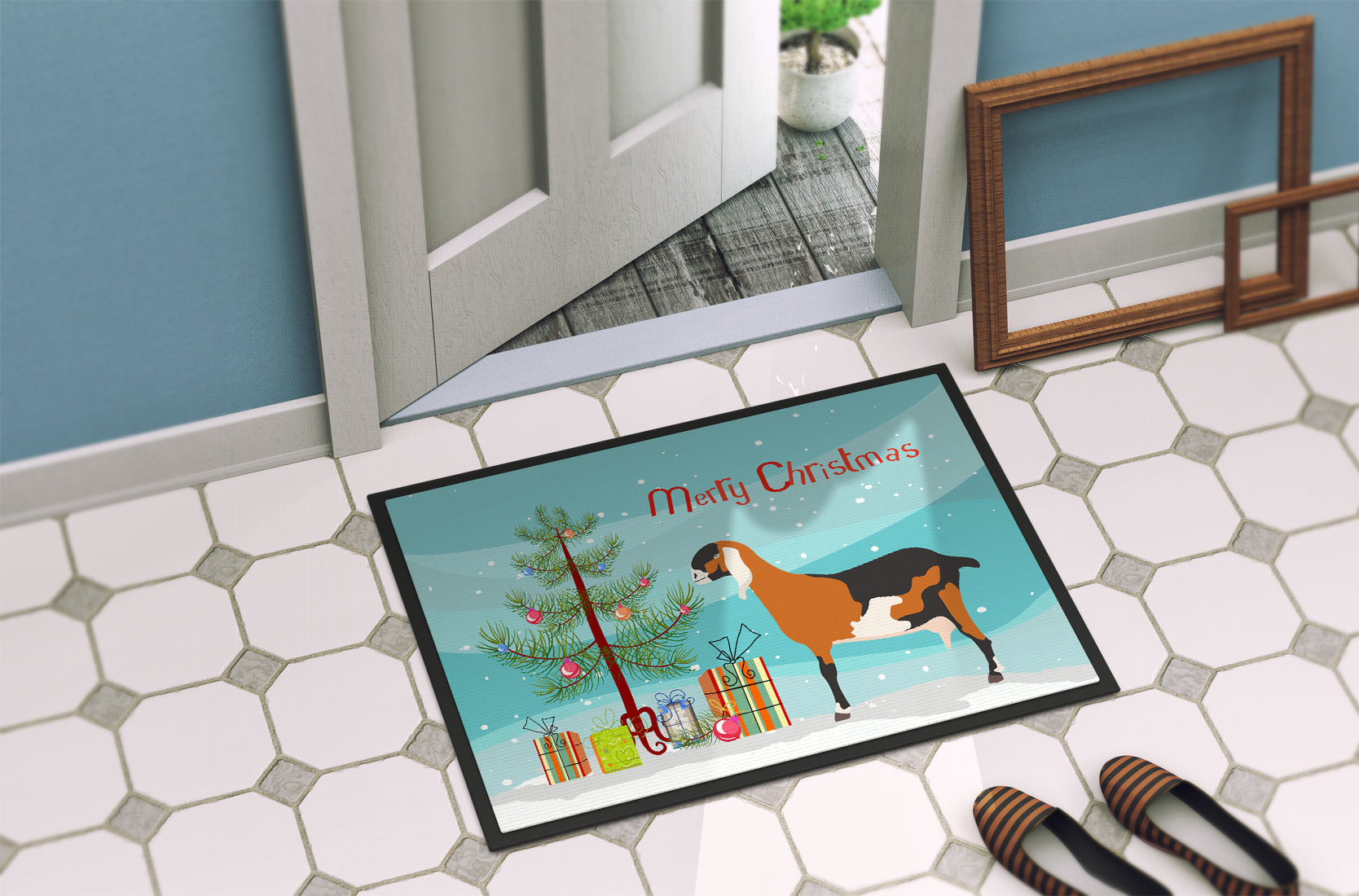 Anglo-nubian Nubian Goat Christmas Doormat Indoor Outdoor 18H X 27W Front Door Mat Rugs for Entryway, Non Slip Washable