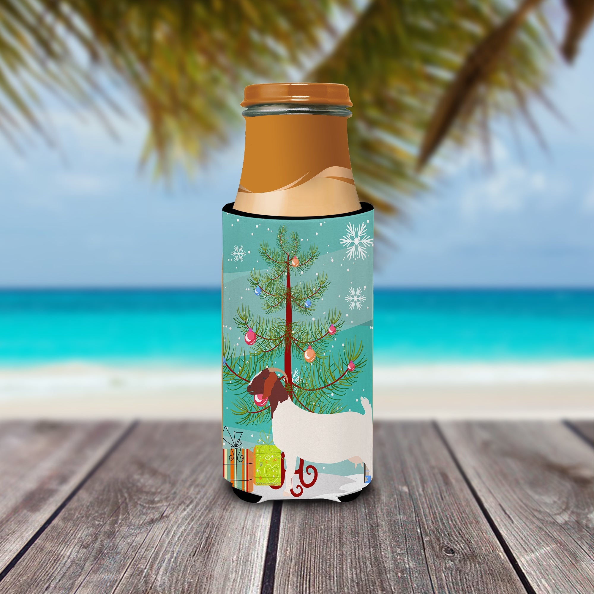 Boer Goat Christmas Slim Can Hugger , Insulated Foam Hugger for 12 oz Slim Cans, Beer Bottles & Water Bottles, Printed in USA
