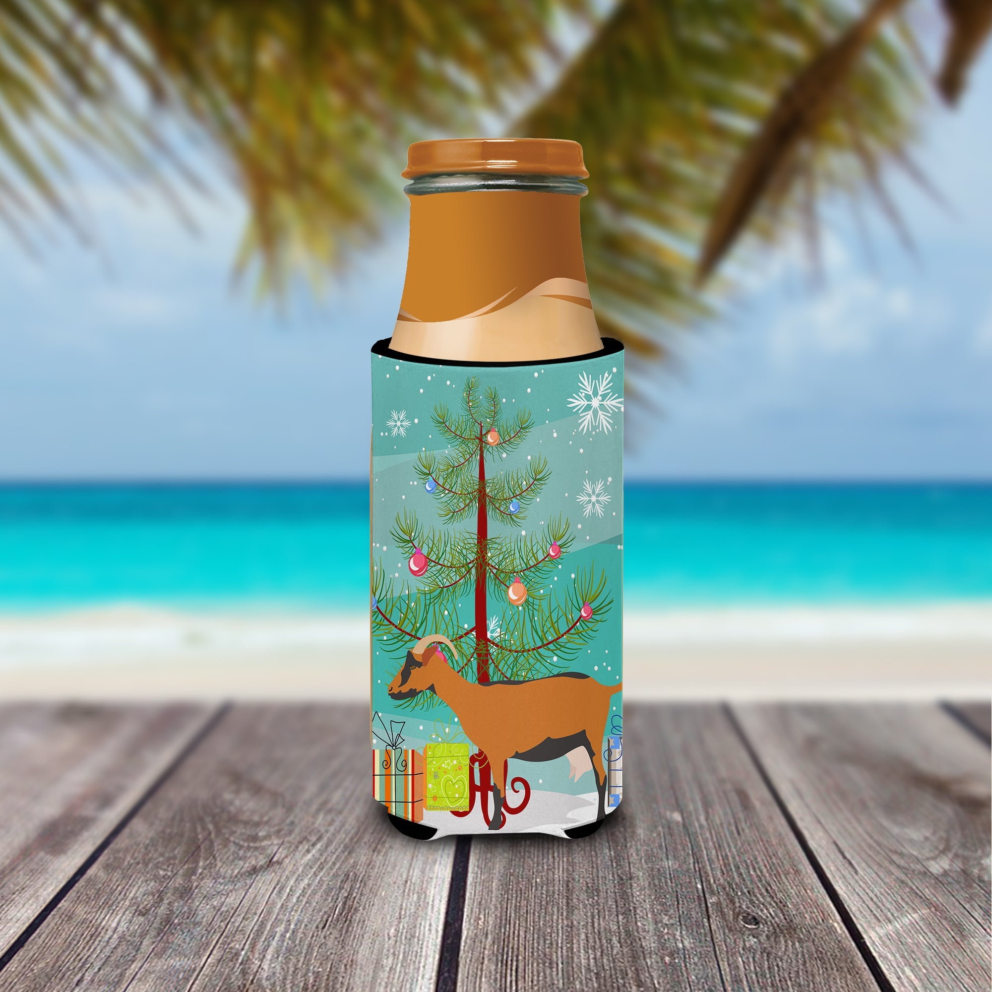 Oberhasli Goat Christmas Slim Can Hugger , Insulated Foam Hugger for 12 oz Slim Cans, Beer Bottles & Water Bottles, Printed in USA