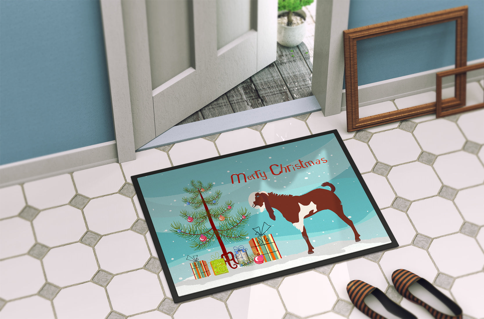 Jamnapari Goat Christmas Doormat Indoor Outdoor 24H X 36W Front Door Mat Rugs for Entryway, Non Slip Washable Low Pile,