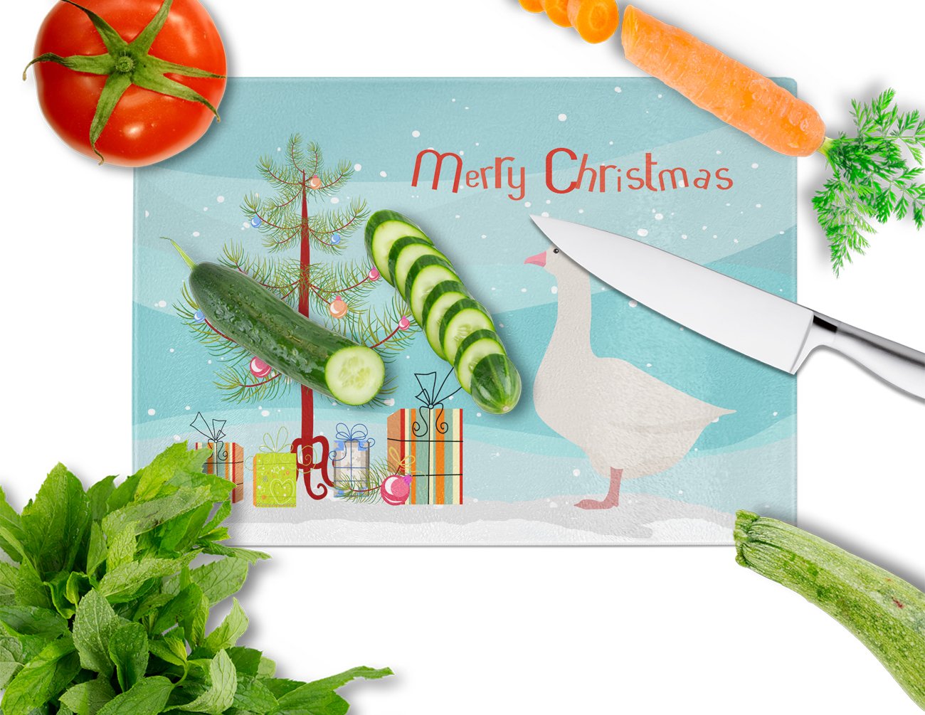Roman Goose Christmas Cutting Board Tempered Glass Kitchen Cutting Surface, Heat Resistant Chopping, Non-Slip Feet, Food Prep & Serving