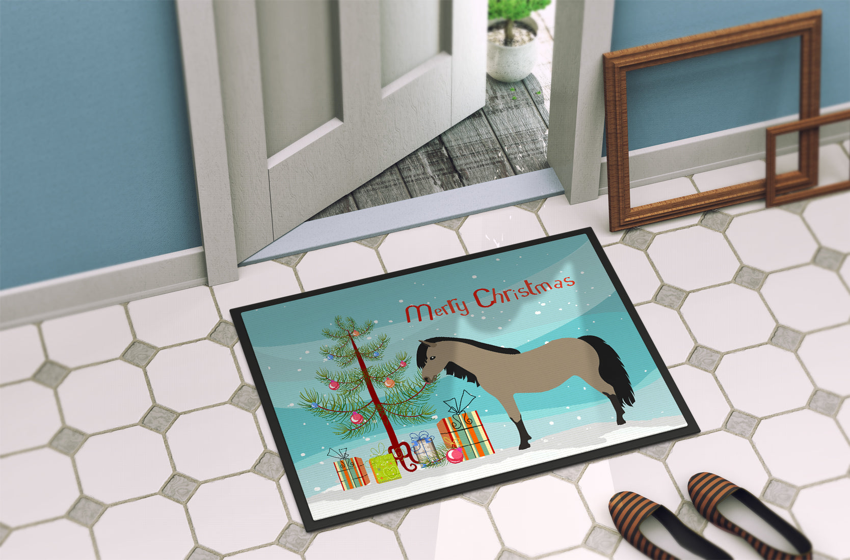 Welsh Pony Horse Christmas Doormat Indoor Outdoor 24H X 36W Front Door Mat Rugs for Entryway, Non Slip Washable Low Pile,