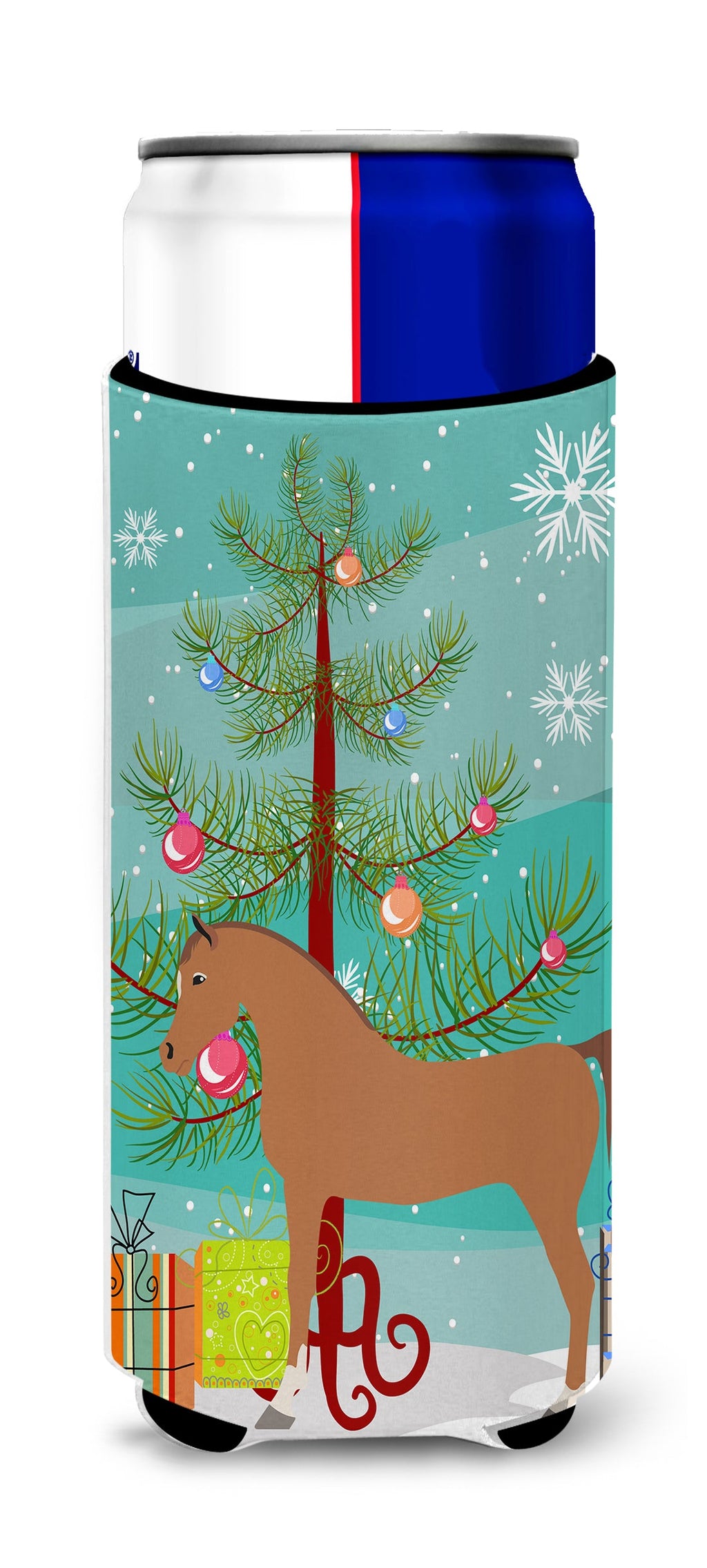 Arabian Horse Christmas Slim Can Hugger , Insulated Foam Hugger for 12 oz Slim Cans, Beer Bottles & Water Bottles, Printed in USA
