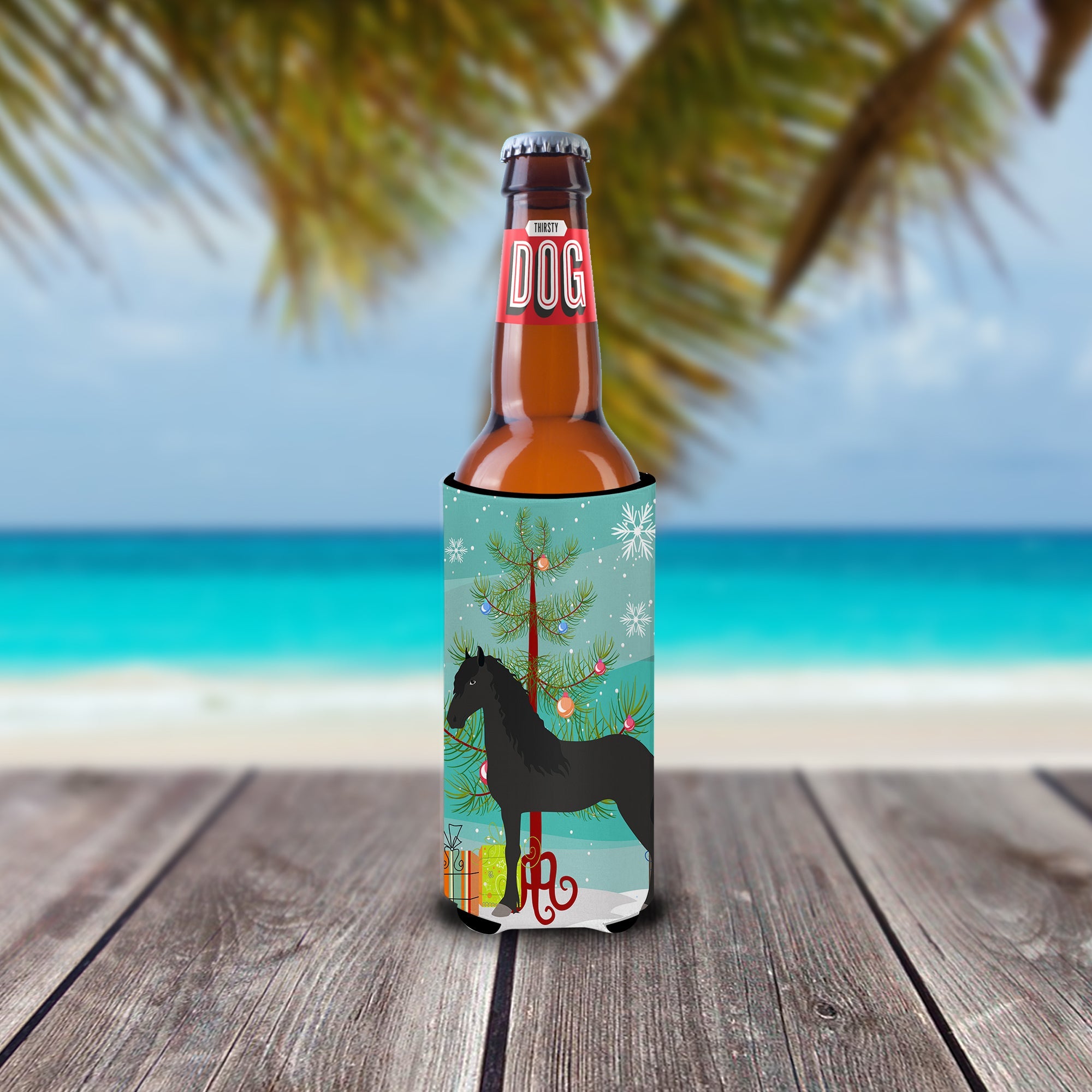 Friesian Horse Christmas Slim Can Hugger , Insulated Foam Hugger for 12 oz Slim Cans, Beer Bottles & Water Bottles, Printed in USA