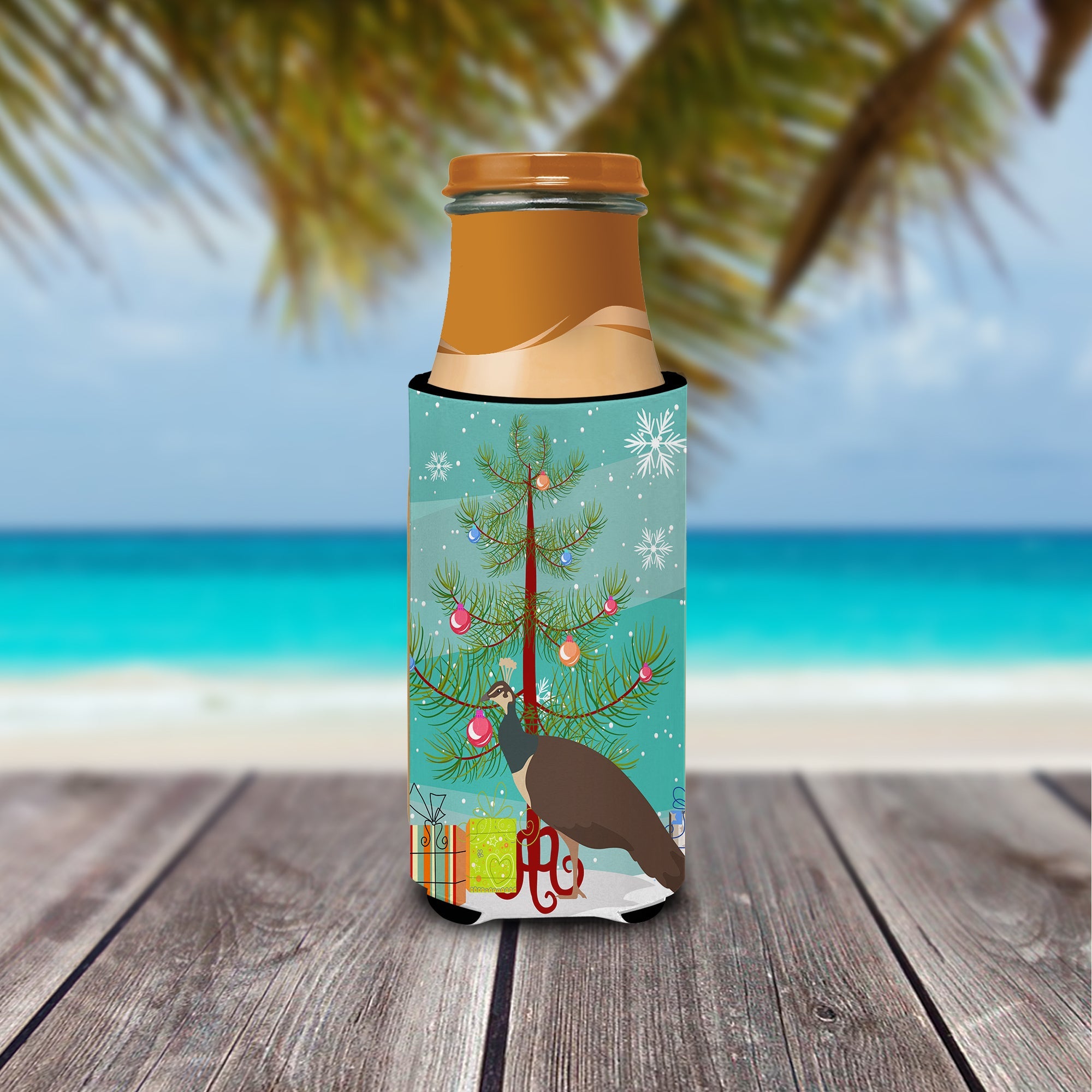 Indian Peahen Peafowl Christmas Slim Can Hugger , Insulated Foam Hugger for 12 oz Slim Cans, Beer Bottles & Water Bottles, Printed in USA