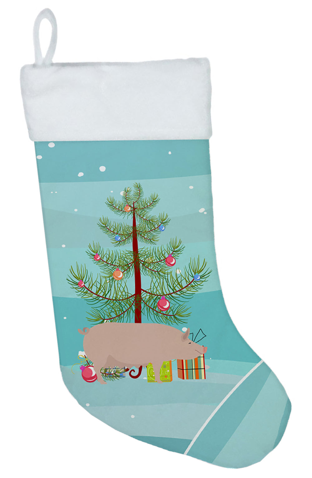 English Large White Pig Christmas Holiday Stocking Double-Sided Print, Polyester Suede,11x18, Made in USA