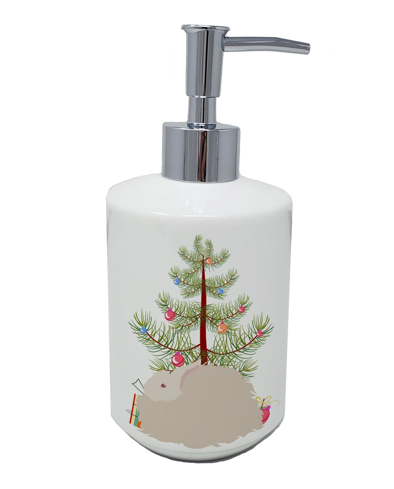 Fluffy Angora Rabbit Christmas Ceramic Soap Dispenser , Empty Refillable Hand Soap Pump Bottle for Bathroom Kitchen