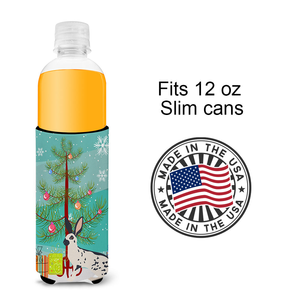 English Spot Rabbit Christmas Slim Can Hugger , Insulated Foam Hugger for 12 oz Slim Cans, Beer Bottles & Water Bottles, Printed in USA