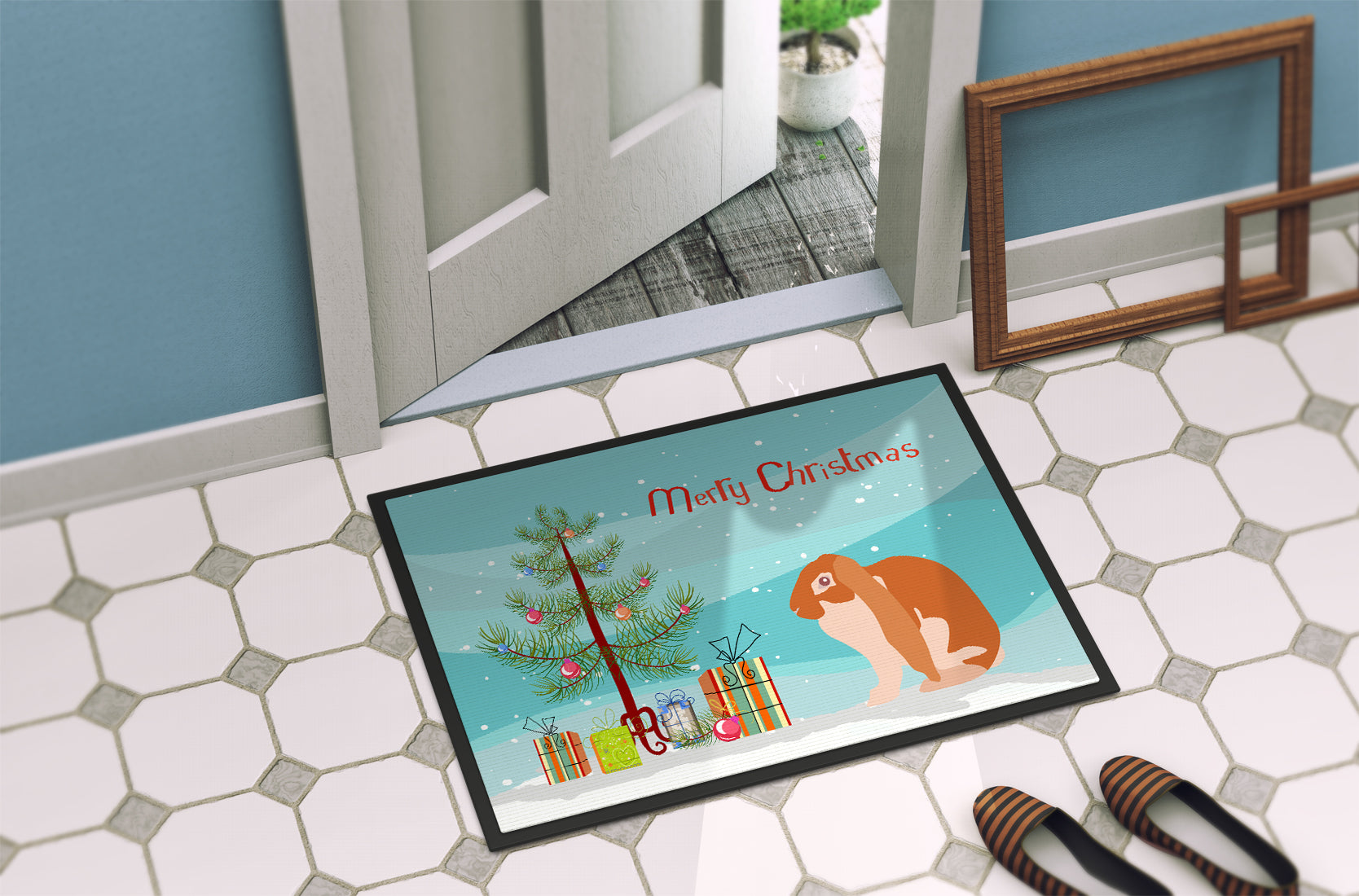 English Lop Rabbit Christmas Doormat Indoor Outdoor 24H X 36W Front Door Mat Rugs for Entryway, Non Slip Washable Low Pile,