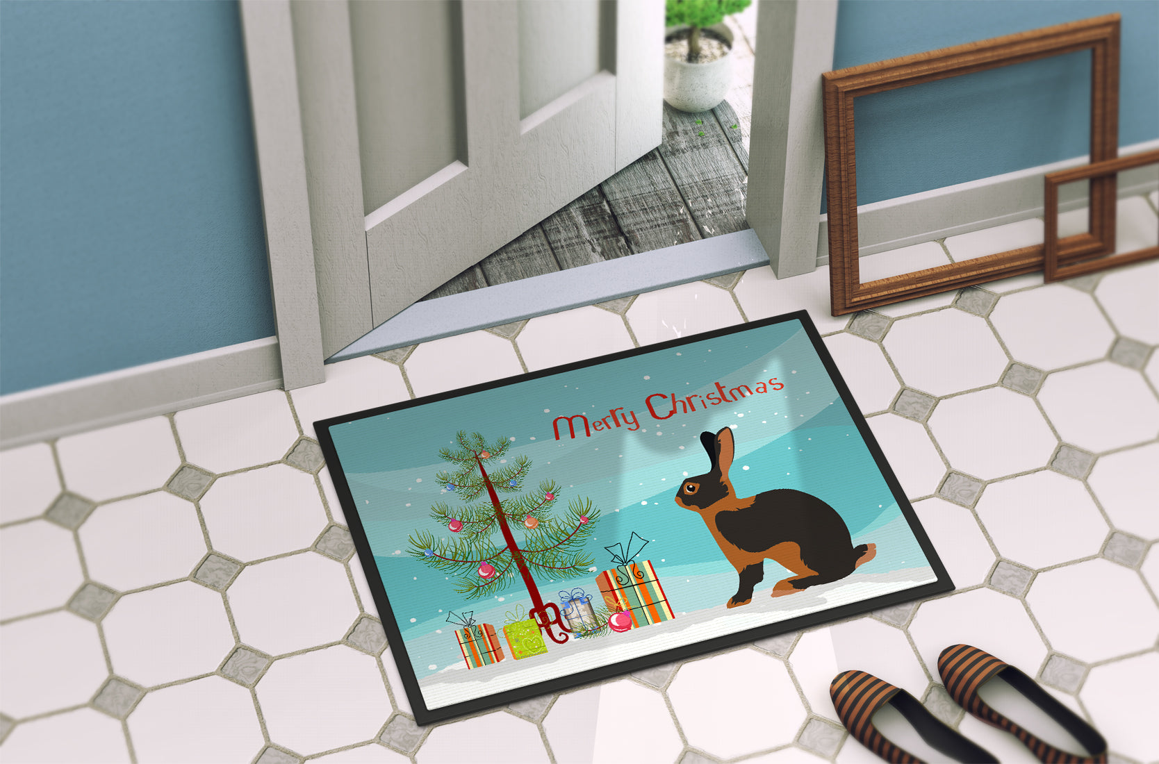Tan Rabbit Christmas Doormat Indoor Outdoor 24H X 36W Front Door Mat Rugs for Entryway, Non Slip Washable Low Pile,
