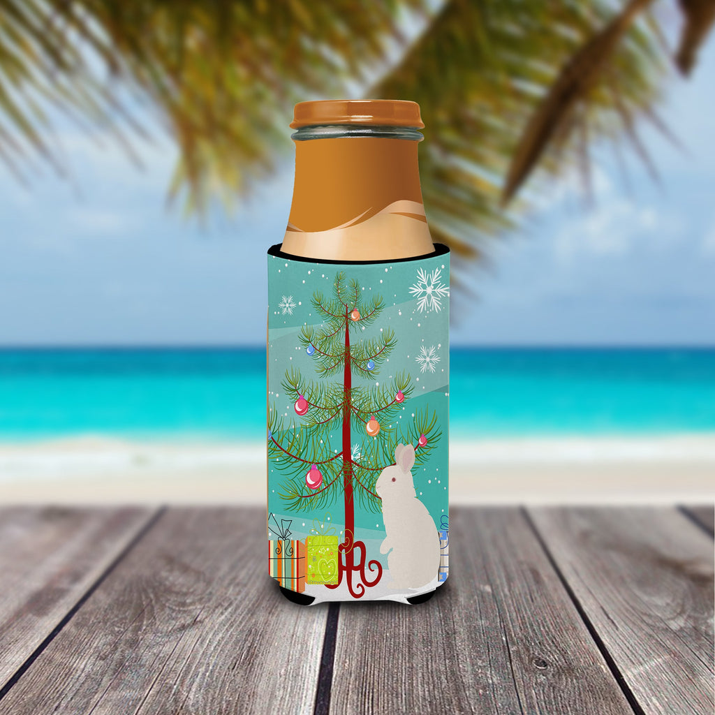 New Zealand White Rabbit Christmas Slim Can Hugger , Insulated Foam Hugger for 12 oz Slim Cans, Beer Bottles & Water Bottles, Printed in USA
