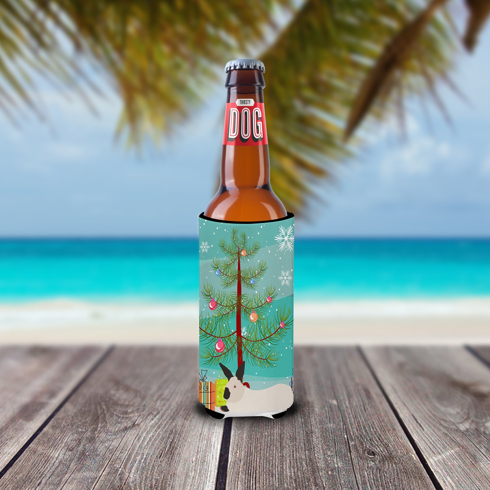 California White Rabbit Christmas Slim Can Hugger , Insulated Foam Hugger for 12 oz Slim Cans, Beer Bottles & Water Bottles, Printed in USA
