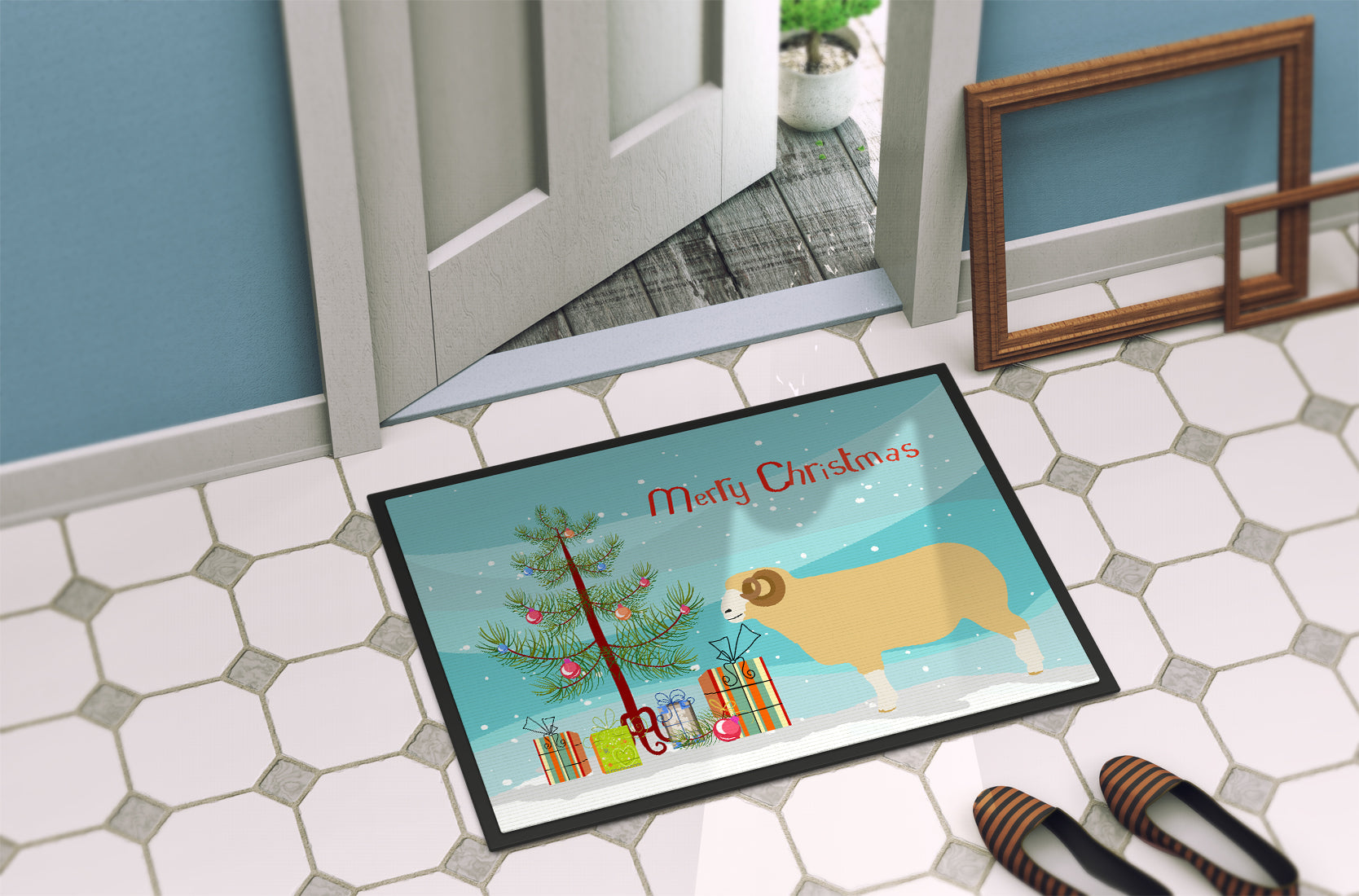 Horned Dorset Sheep Christmas Doormat Indoor Outdoor 24H X 36W Front Door Mat Rugs for Entryway, Non Slip Washable Low Pile,
