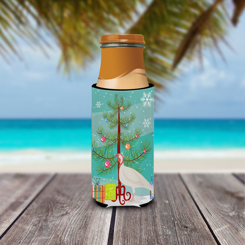 Beltsville Small White Turkey Hen Christmas Slim Can Hugger , Insulated Foam Hugger for 12 oz Slim Cans, Beer Bottles & Water Bottles, Printed in USA