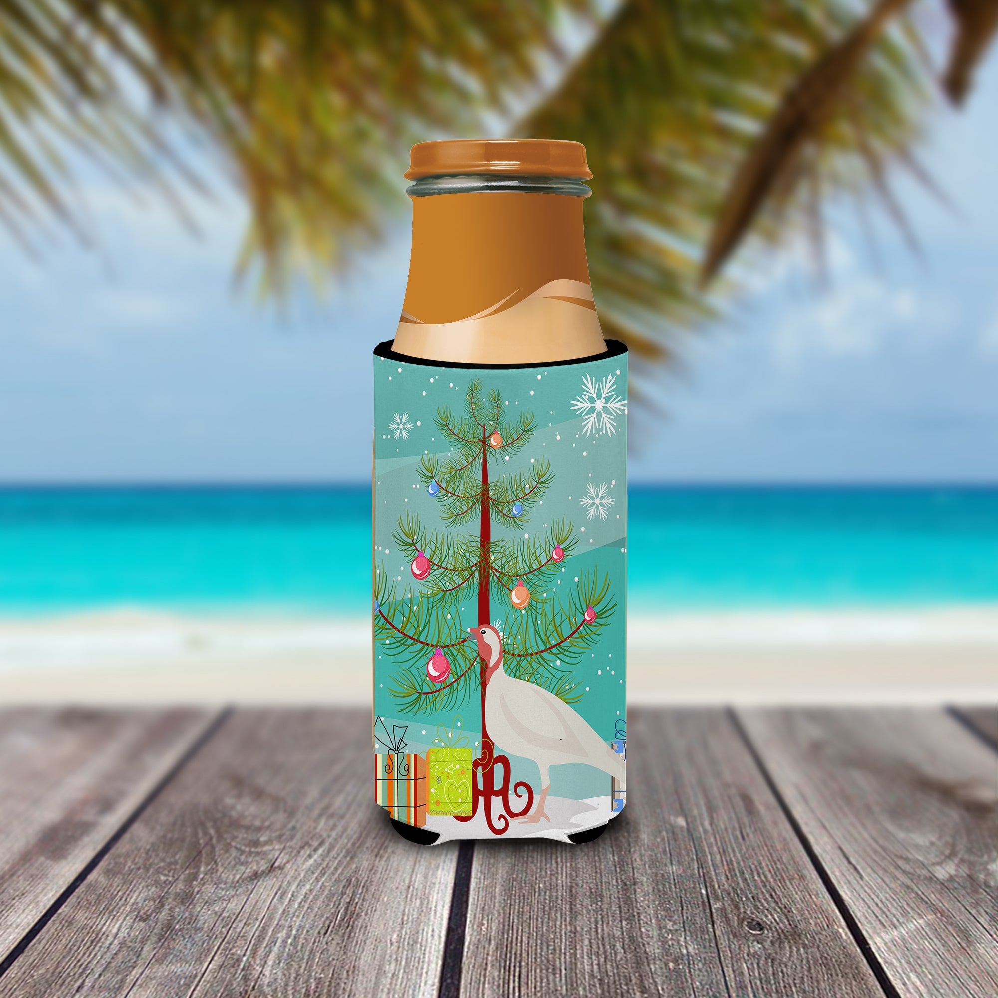 Beltsville Small White Turkey Hen Christmas Slim Can Hugger , Insulated Foam Hugger for 12 oz Slim Cans, Beer Bottles & Water Bottles, Printed in USA