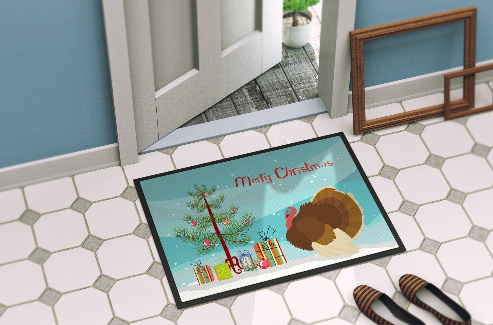 French Turkey Dindon Christmas Doormat Indoor Outdoor 24H X 36W Front Door Mat Rugs for Entryway, Non Slip Washable Low Pile,
