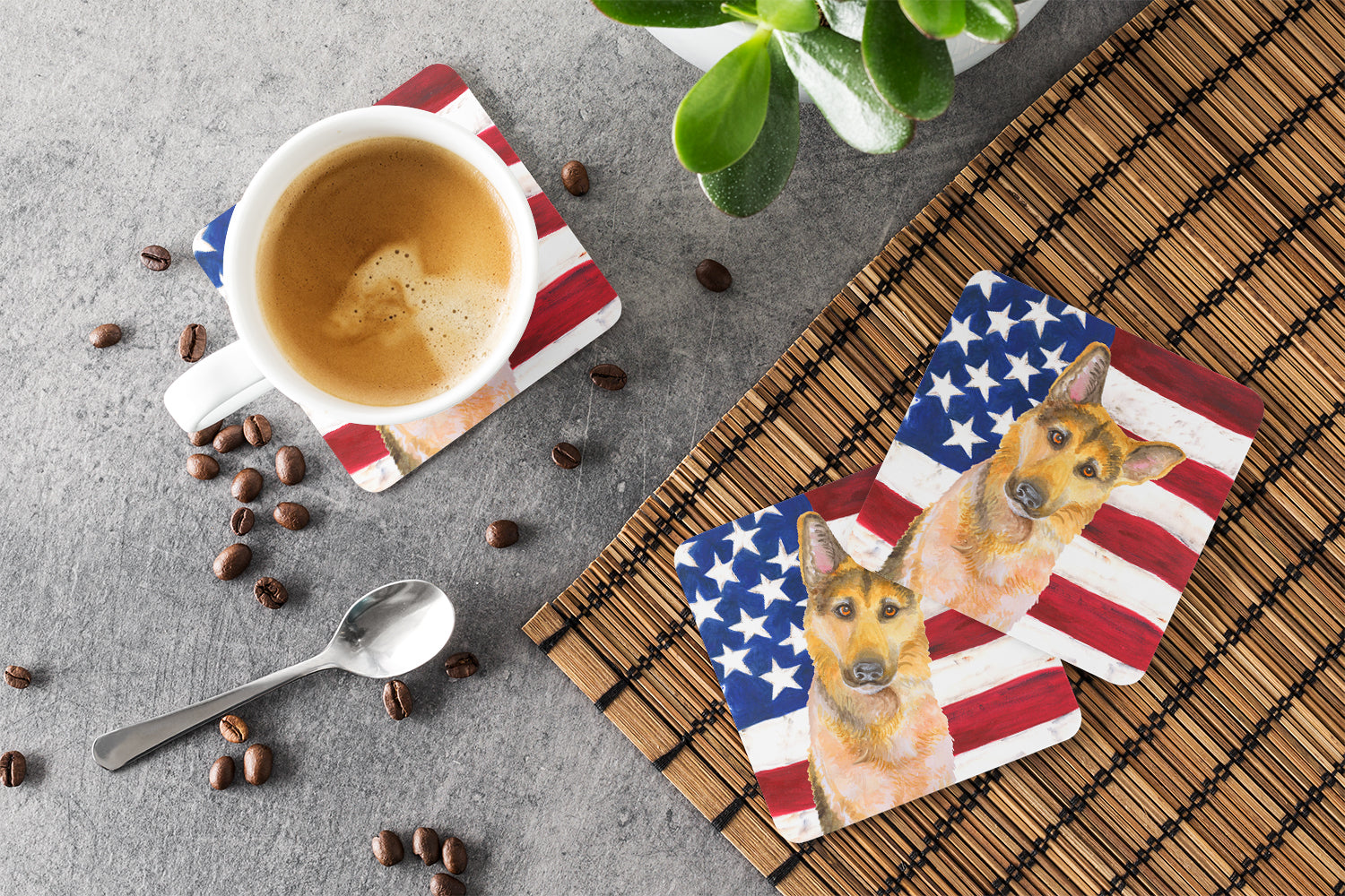 German Shepherd #2 Patriotic Foam Coasters Set of 4 Cup Coasters for Indoor Outdoor, Tabletop Protection, Anti Slip, Mouse pad Material