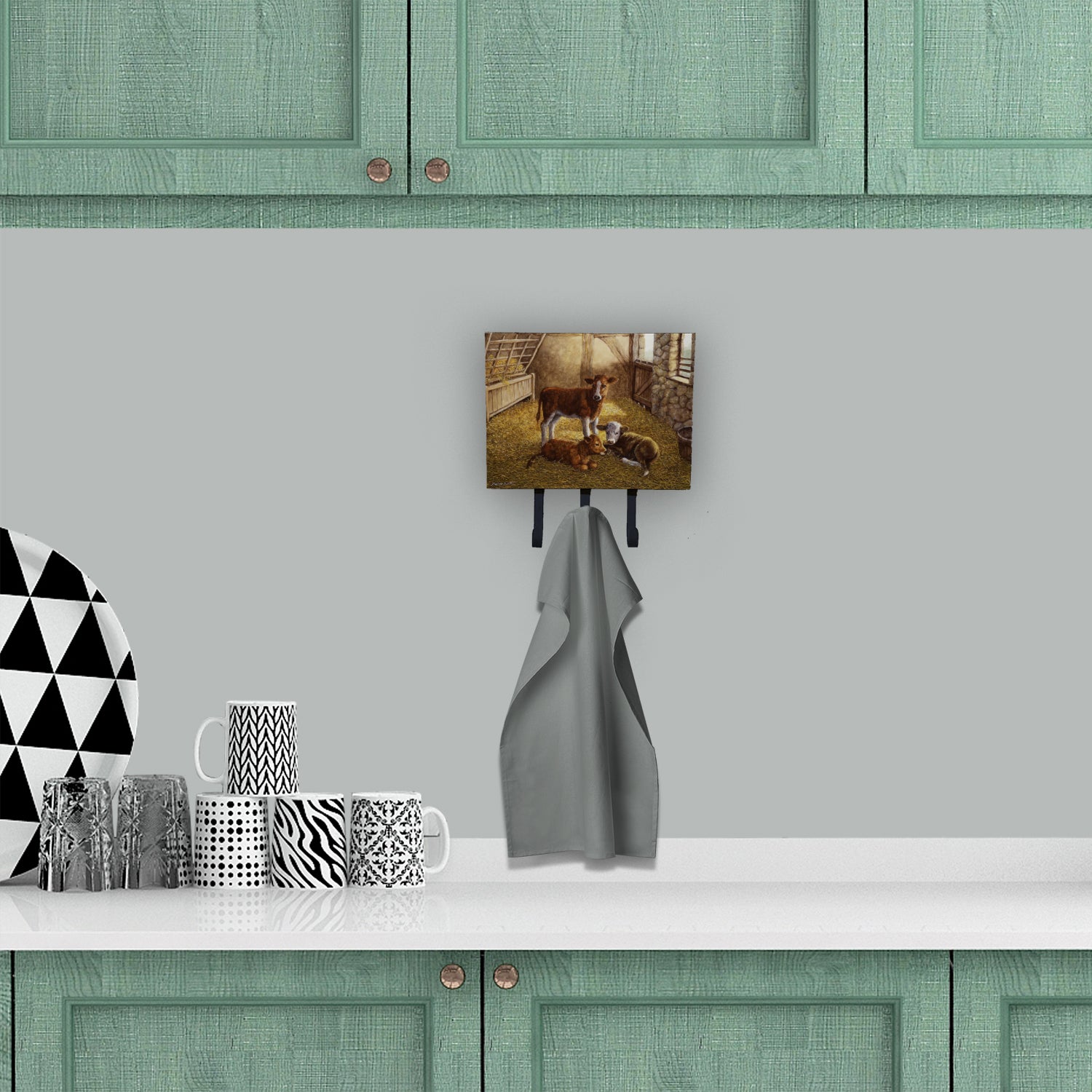 Cows Calves in the Barn Leash or Key Holder Wall Hooks, Coat Rack Wall Mount, for Hanging Keys, Towels, Aprons, Leashes