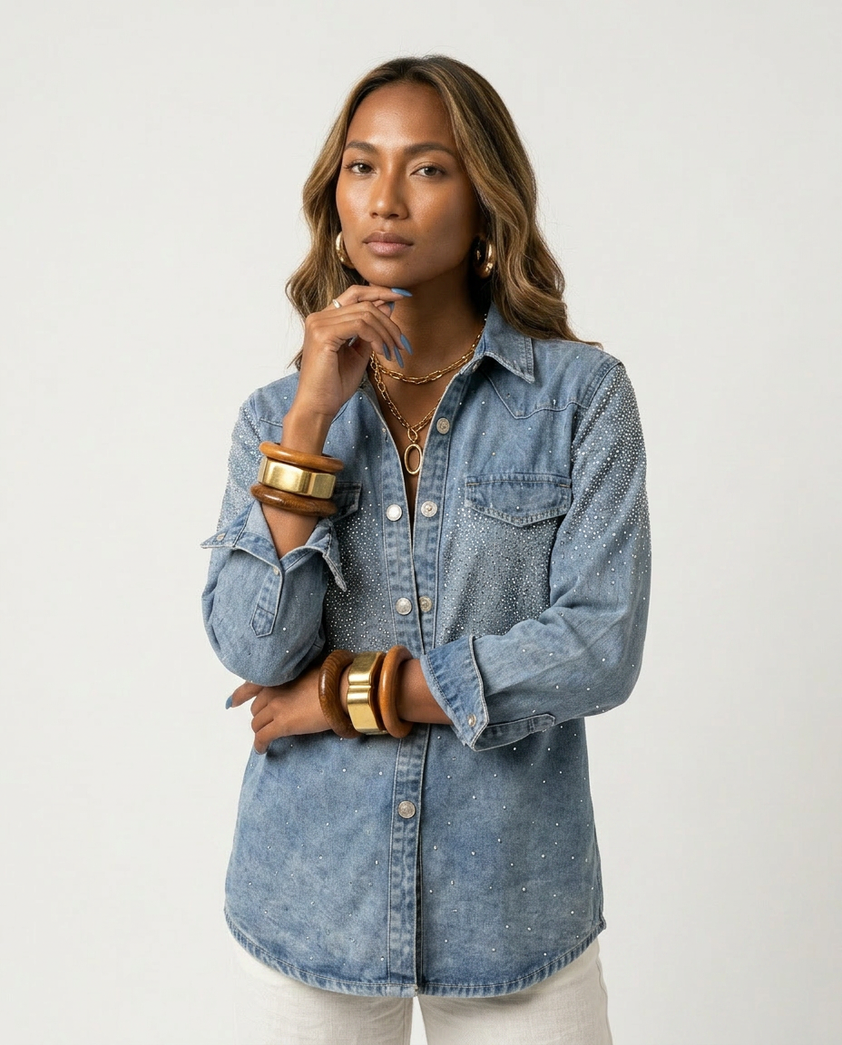 Radiant Rhinestone Denim Shirt