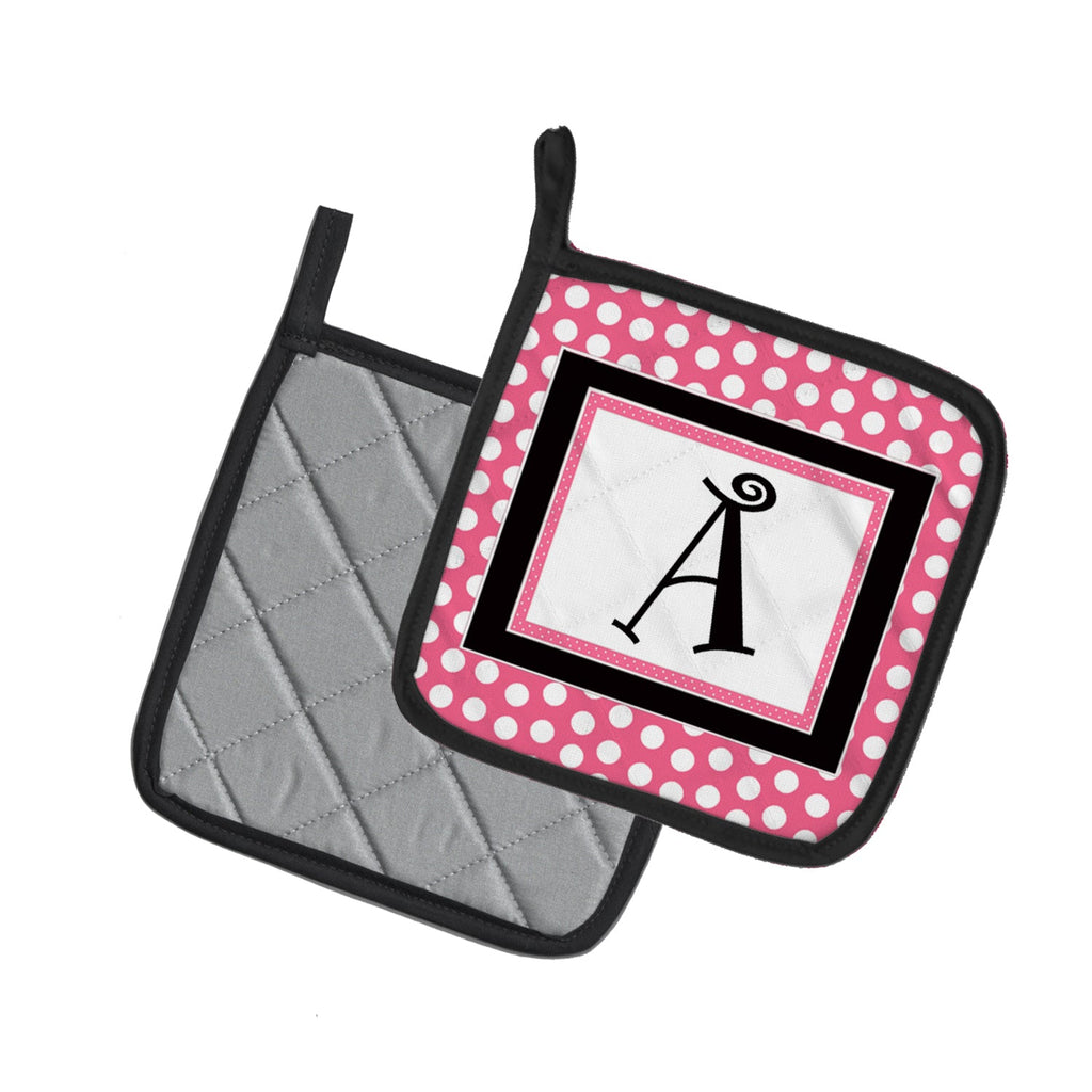 Letter A Monogram - Pink Black Polka Dots Pot Holder Set of 2 Heat Resistant Quilted Hot Pads 7.5 x 7.5 Inch, Insulated Kitchen Trivets for Cooking & Baking