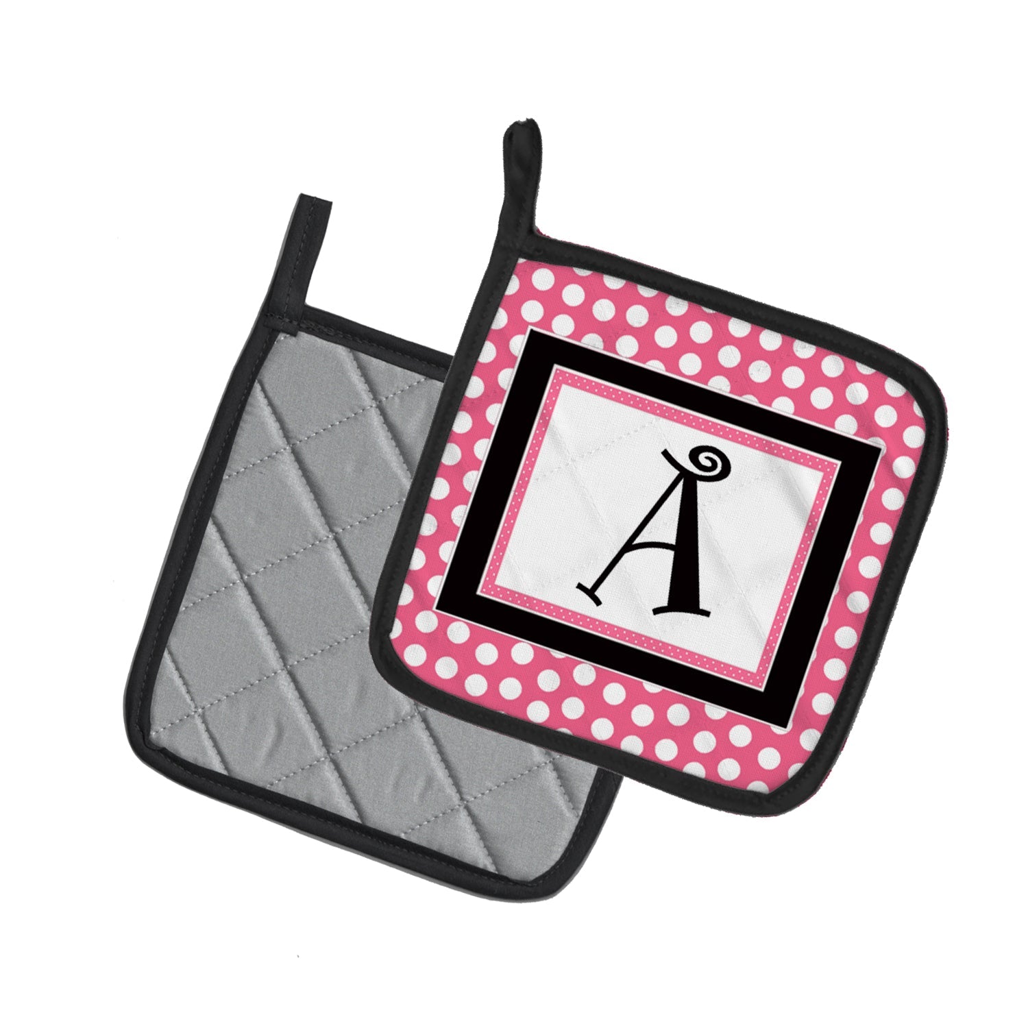Letter A Monogram - Pink Black Polka Dots Pot Holder Set of 2 Heat Resistant Quilted Hot Pads 7.5 x 7.5 Inch, Insulated Kitchen Trivets for Cooking & Baking