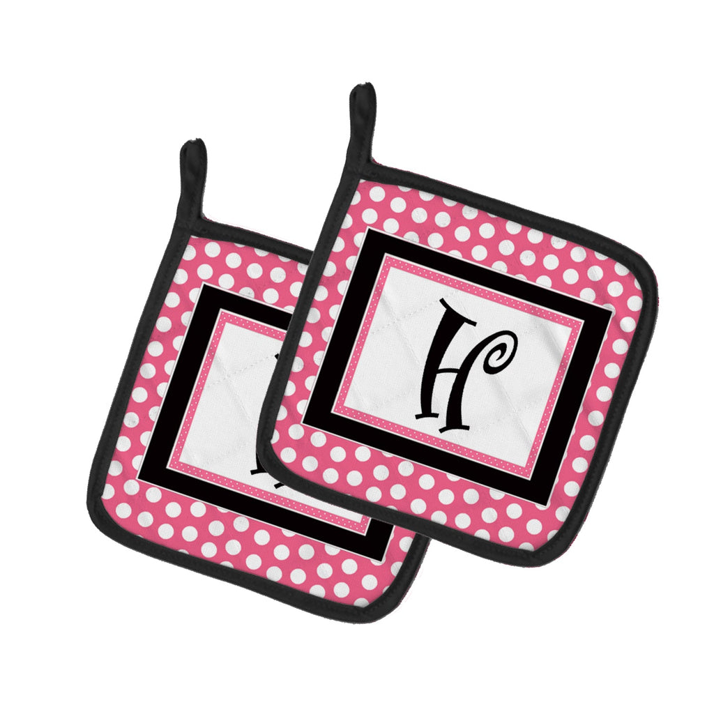 Letter H Monogram - Pink Black Polka Dots Pot Holder Set of 2 Heat Resistant Quilted Hot Pads 7.5 x 7.5 Inch, Insulated Kitchen Trivets for Cooking & Baking