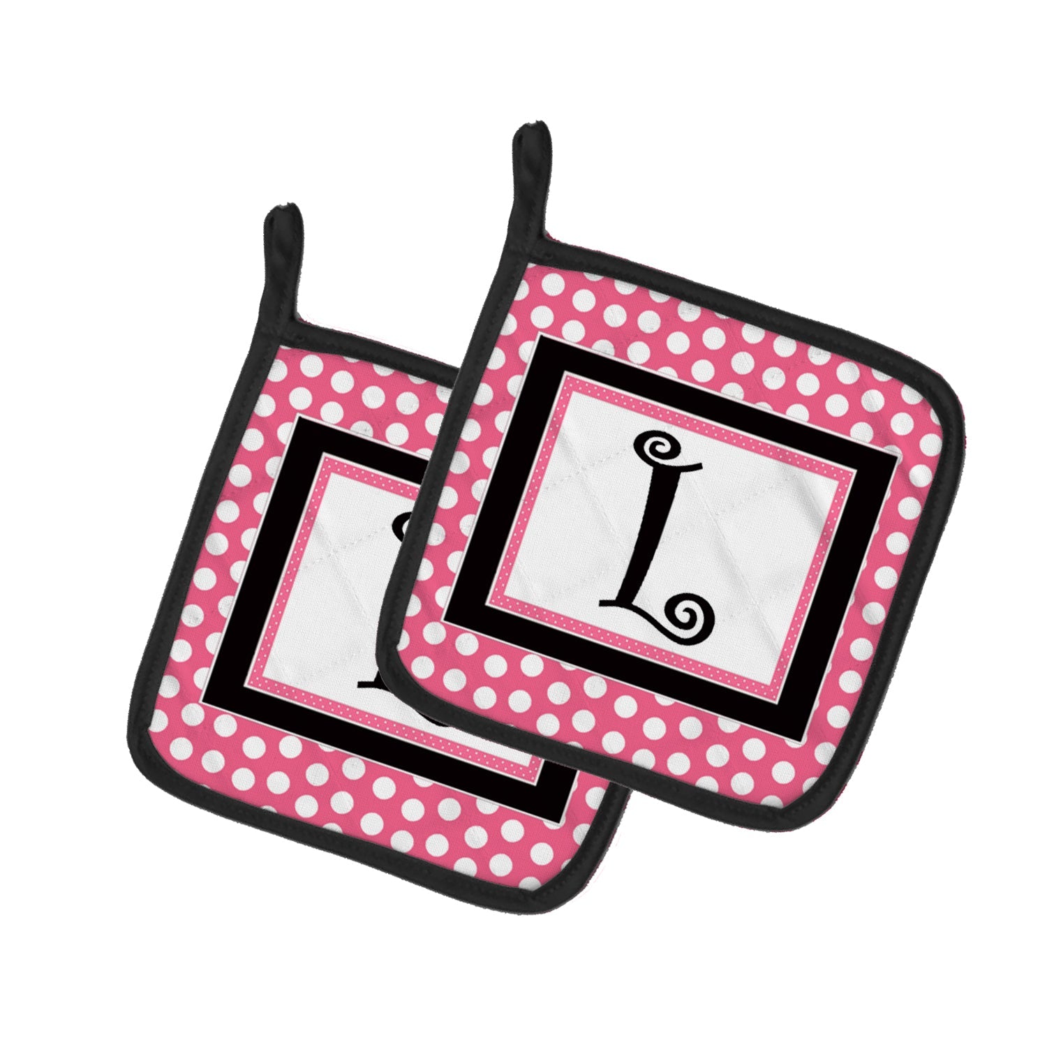 Letter L Monogram - Pink Black Polka Dots Pot Holder Set of 2 Heat Resistant Quilted Hot Pads 7.5 x 7.5 Inch, Insulated Kitchen Trivets for Cooking & Baking