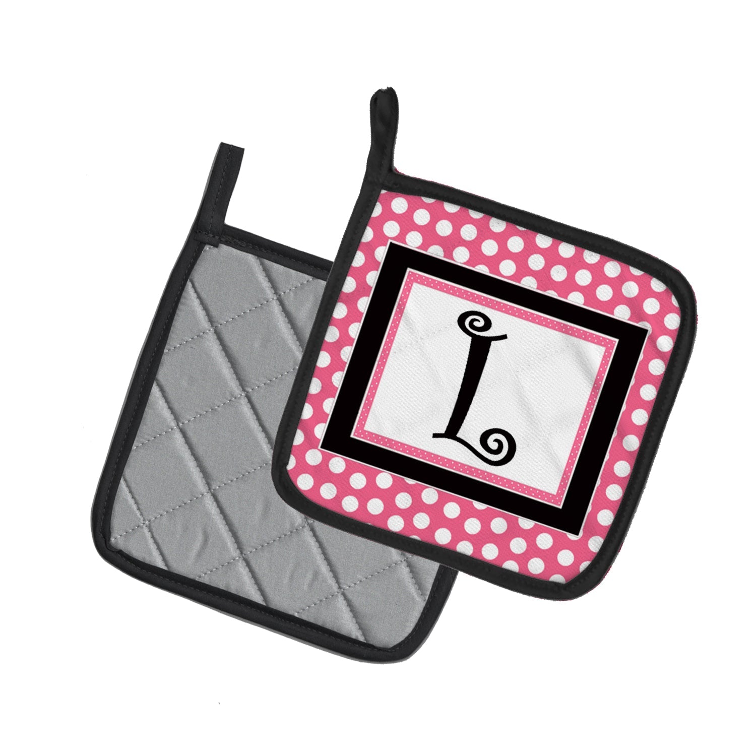 Letter L Monogram - Pink Black Polka Dots Pot Holder Set of 2 Heat Resistant Quilted Hot Pads 7.5 x 7.5 Inch, Insulated Kitchen Trivets for Cooking & Baking