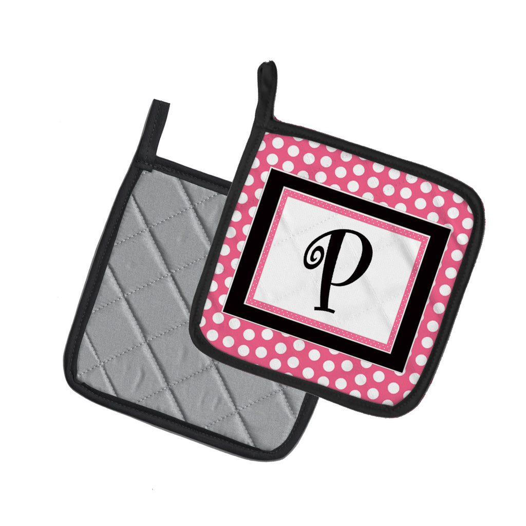 Letter P Monogram - Pink Black Polka Dots Pot Holder Set of 2 Heat Resistant Quilted Hot Pads 7.5 x 7.5 Inch, Insulated Kitchen Trivets for Cooking & Baking