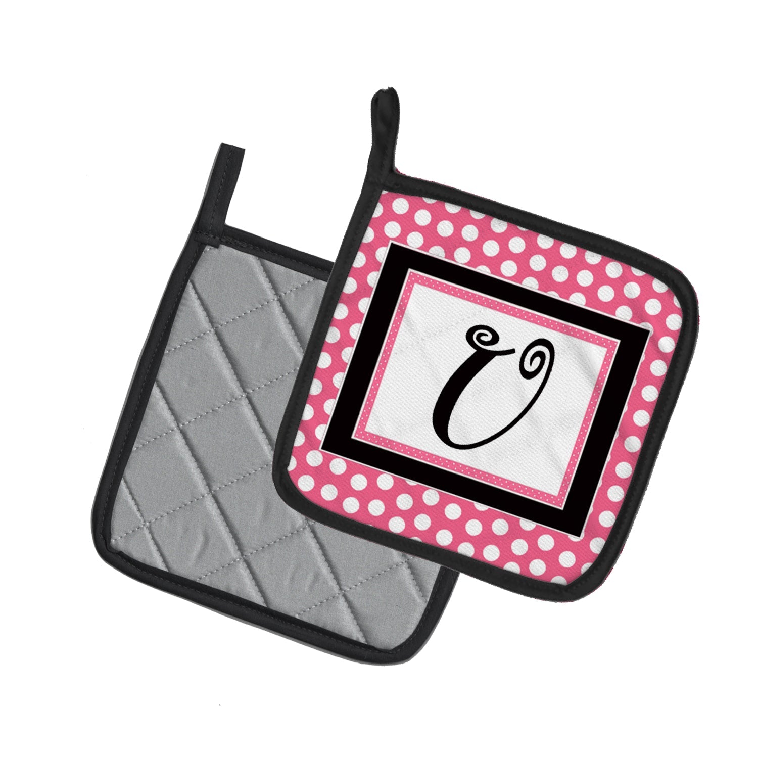 Letter U Monogram - Pink Black Polka Dots Pot Holder Set of 2 Heat Resistant Quilted Hot Pads 7.5 x 7.5 Inch, Insulated Kitchen Trivets for Cooking & Baking