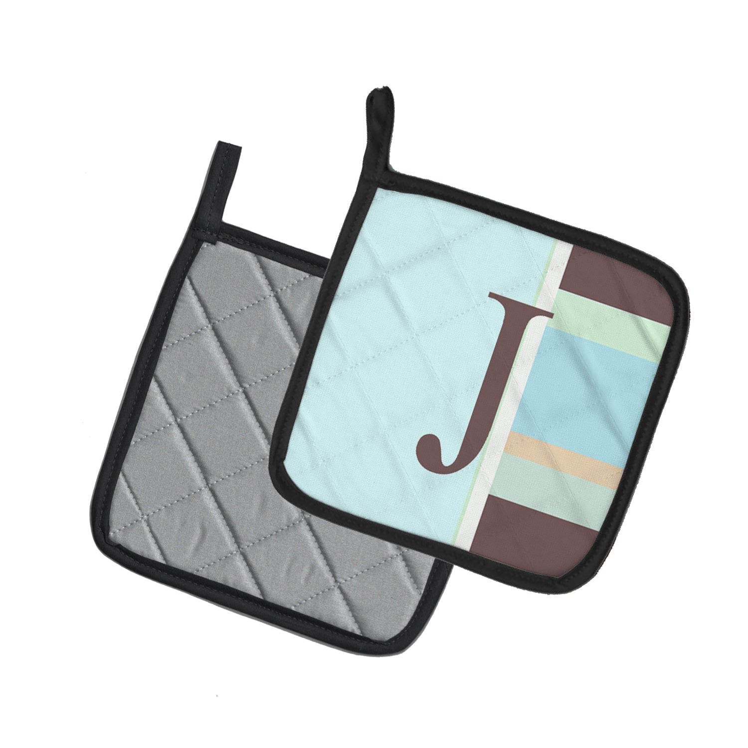 Letter J Initial Monogram - Blue Stripes Pot Holder Set of 2 Heat Resistant Quilted Hot Pads 7.5 x 7.5 Inch, Insulated Kitchen Trivets for Cooking & Baking