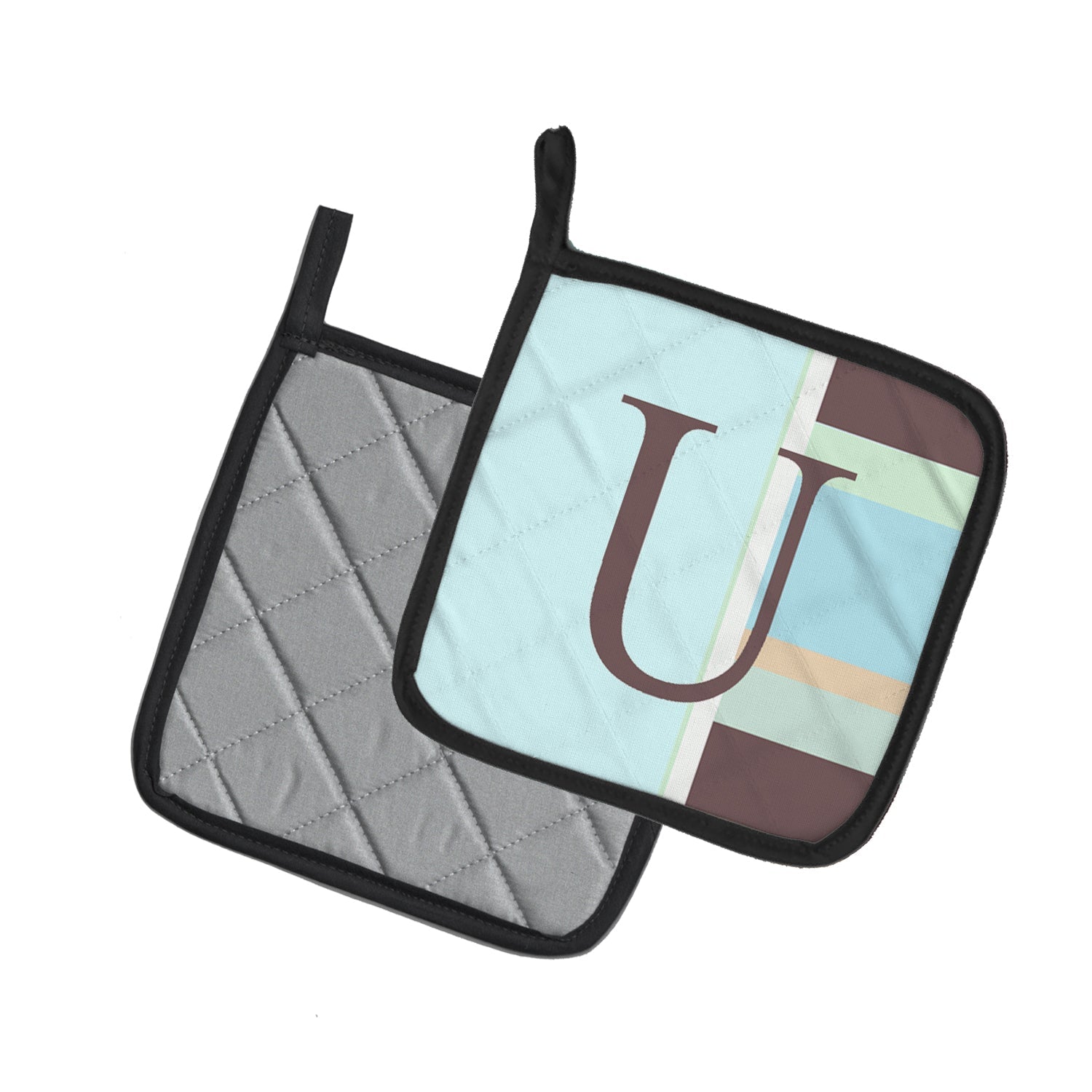 Letter U Initial Monogram - Blue Stripes Pot Holder Set of 2 Heat Resistant Quilted Hot Pads 7.5 x 7.5 Inch, Insulated Kitchen Trivets for Cooking & Baking