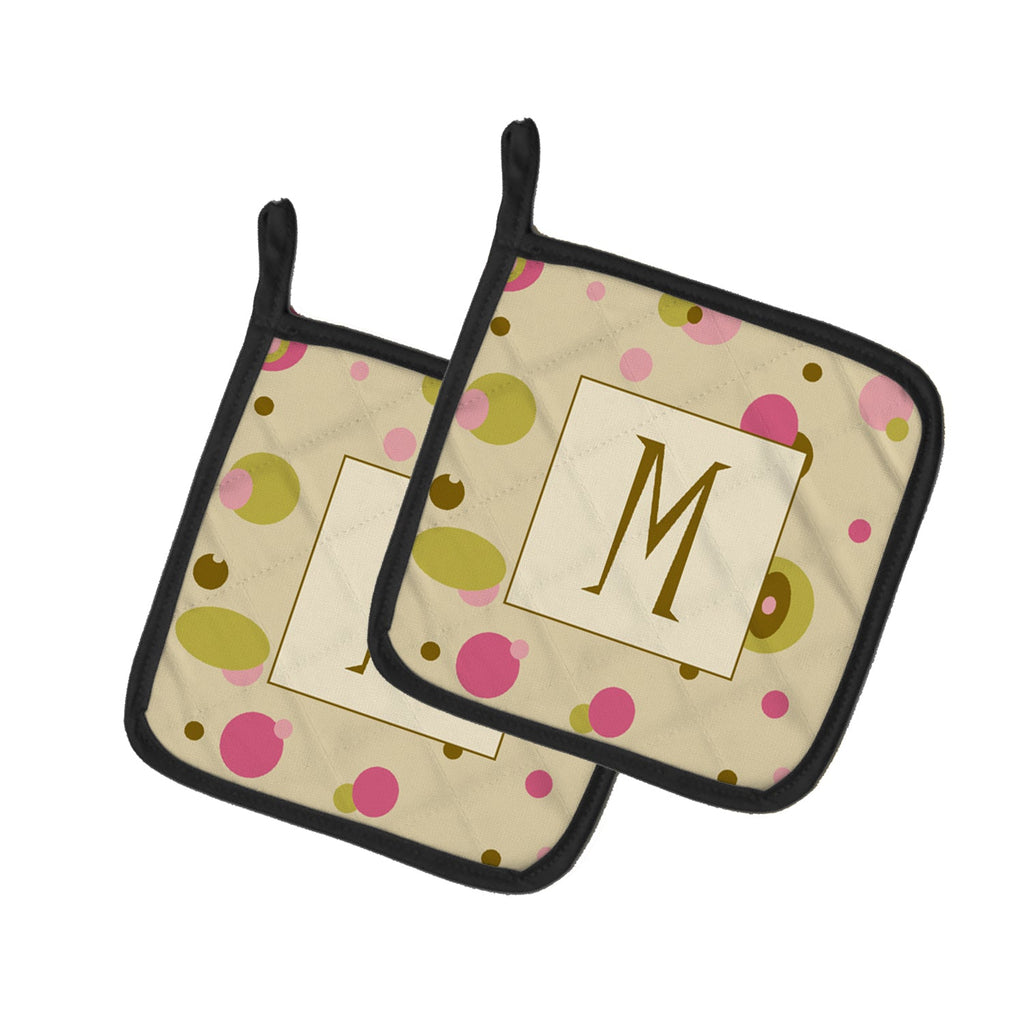 Letter M Initial Monogram - Tan Dots Pot Holder Set of 2 Heat Resistant Quilted Hot Pads 7.5 x 7.5 Inch, Insulated Kitchen Trivets for Cooking & Baking