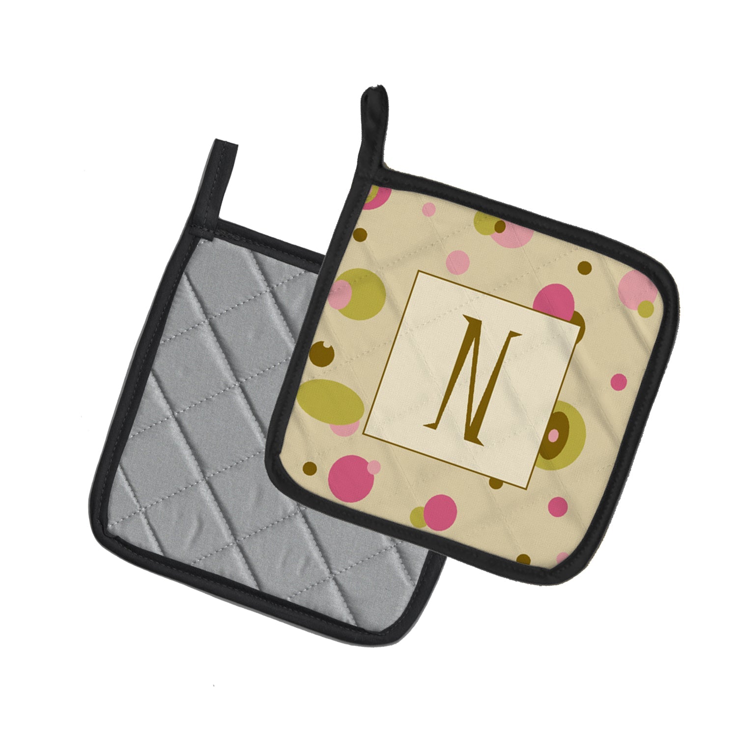 Letter N Initial Monogram - Tan Dots Pot Holder Set of 2 Heat Resistant Quilted Hot Pads 7.5 x 7.5 Inch, Insulated Kitchen Trivets for Cooking & Baking