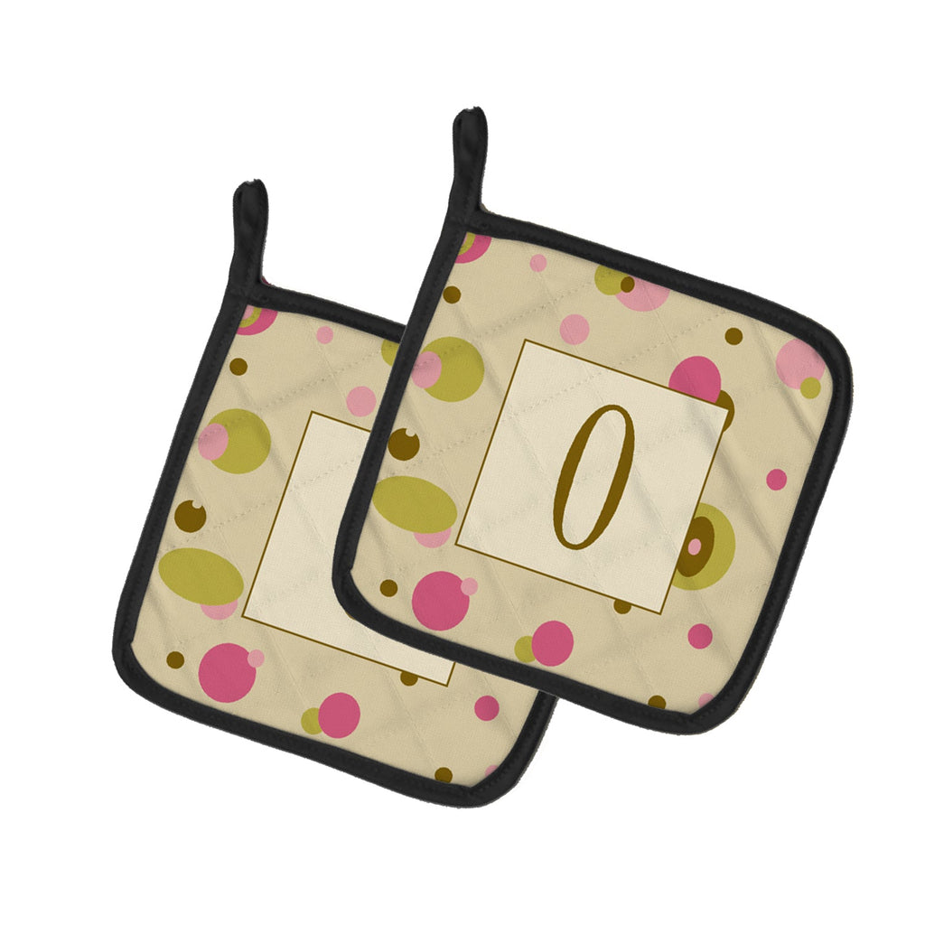 Letter O Initial Monogram - Tan Dots Pot Holder Set of 2 Heat Resistant Quilted Hot Pads 7.5 x 7.5 Inch, Insulated Kitchen Trivets for Cooking & Baking