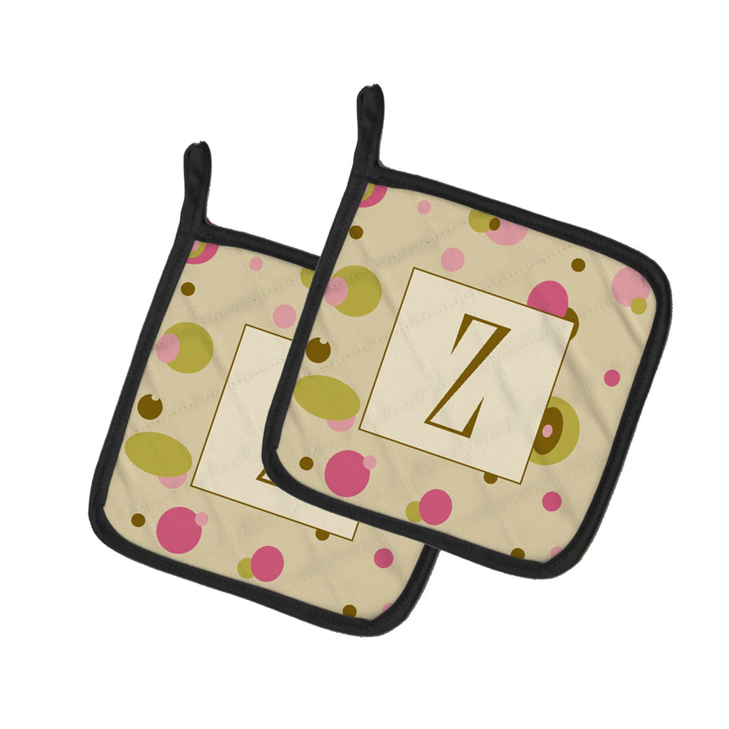 Letter Z Initial Monogram - Tan Dots Pot Holder Set of 2 Heat Resistant Quilted Hot Pads 7.5 x 7.5 Inch, Insulated Kitchen Trivets for Cooking & Baking