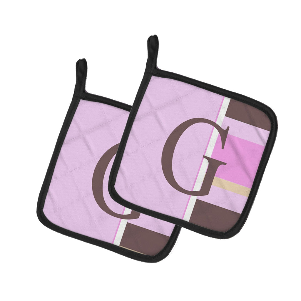 Letter G Initial Monogram - Pink Stripes Pot Holder Set of 2 Heat Resistant Quilted Hot Pads 7.5 x 7.5 Inch, Insulated Kitchen Trivets for Cooking & Baking