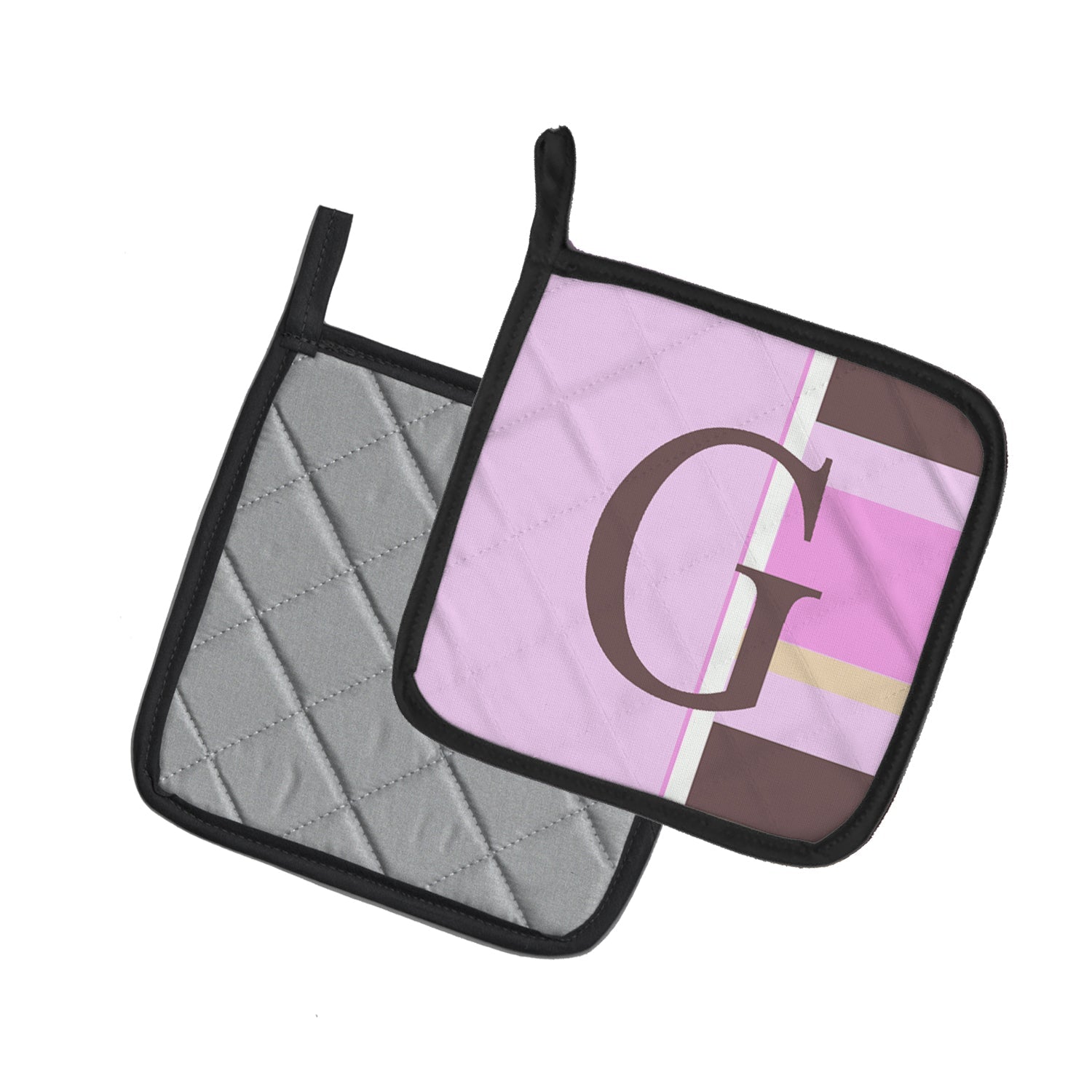 Letter G Initial Monogram - Pink Stripes Pot Holder Set of 2 Heat Resistant Quilted Hot Pads 7.5 x 7.5 Inch, Insulated Kitchen Trivets for Cooking & Baking