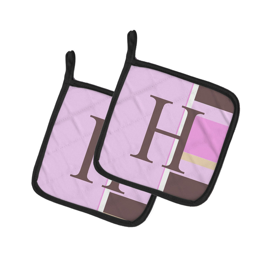 Letter H Initial Monogram - Pink Stripes Pot Holder Set of 2 Heat Resistant Quilted Hot Pads 7.5 x 7.5 Inch, Insulated Kitchen Trivets for Cooking & Baking