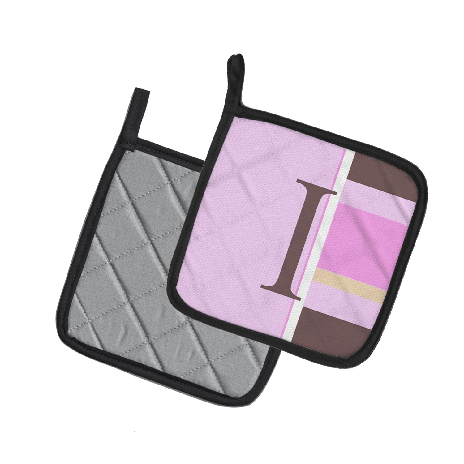 Letter I Initial Monogram - Pink Stripes Pot Holder Set of 2 Heat Resistant Quilted Hot Pads 7.5 x 7.5 Inch, Insulated Kitchen Trivets for Cooking & Baking