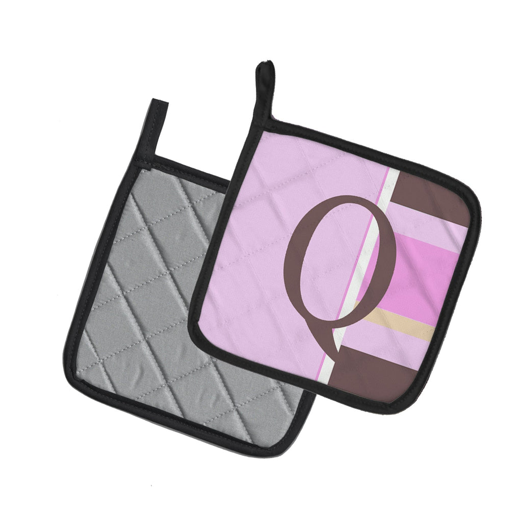 Letter Q Initial Monogram - Pink Stripes Pot Holder Set of 2 Heat Resistant Quilted Hot Pads 7.5 x 7.5 Inch, Insulated Kitchen Trivets for Cooking & Baking