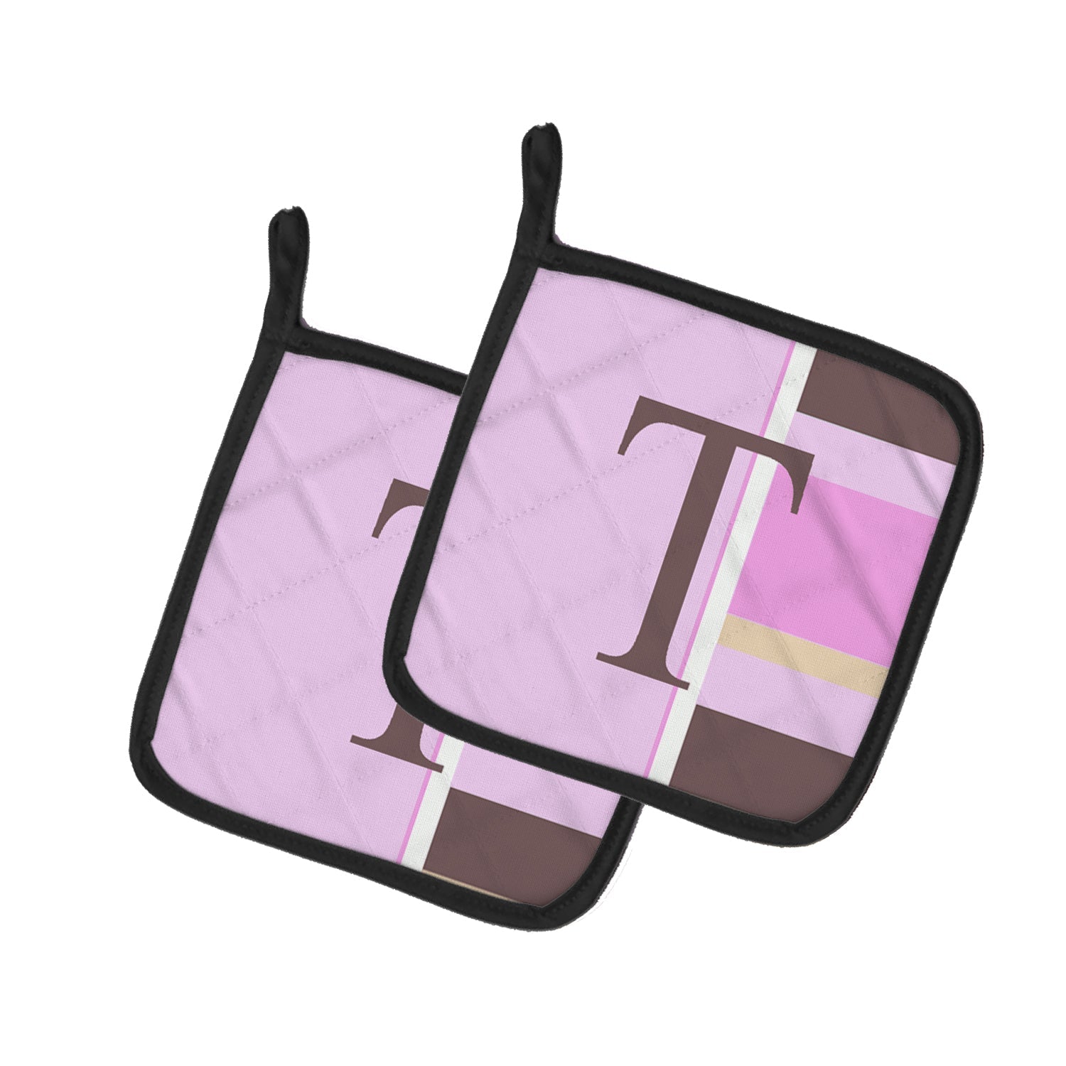 Letter T Initial Monogram - Pink Stripes Pot Holder Set of 2 Heat Resistant Quilted Hot Pads 7.5 x 7.5 Inch, Insulated Kitchen Trivets for Cooking & Baking