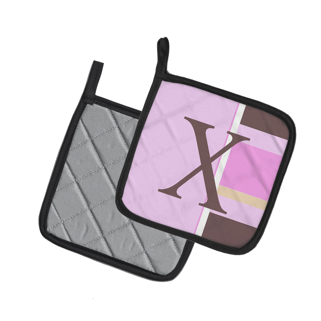 Letter X Initial Monogram - Pink Stripes Pot Holder Set of 2 Heat Resistant Quilted Hot Pads 7.5 x 7.5 Inch, Insulated Kitchen Trivets for Cooking & Baking