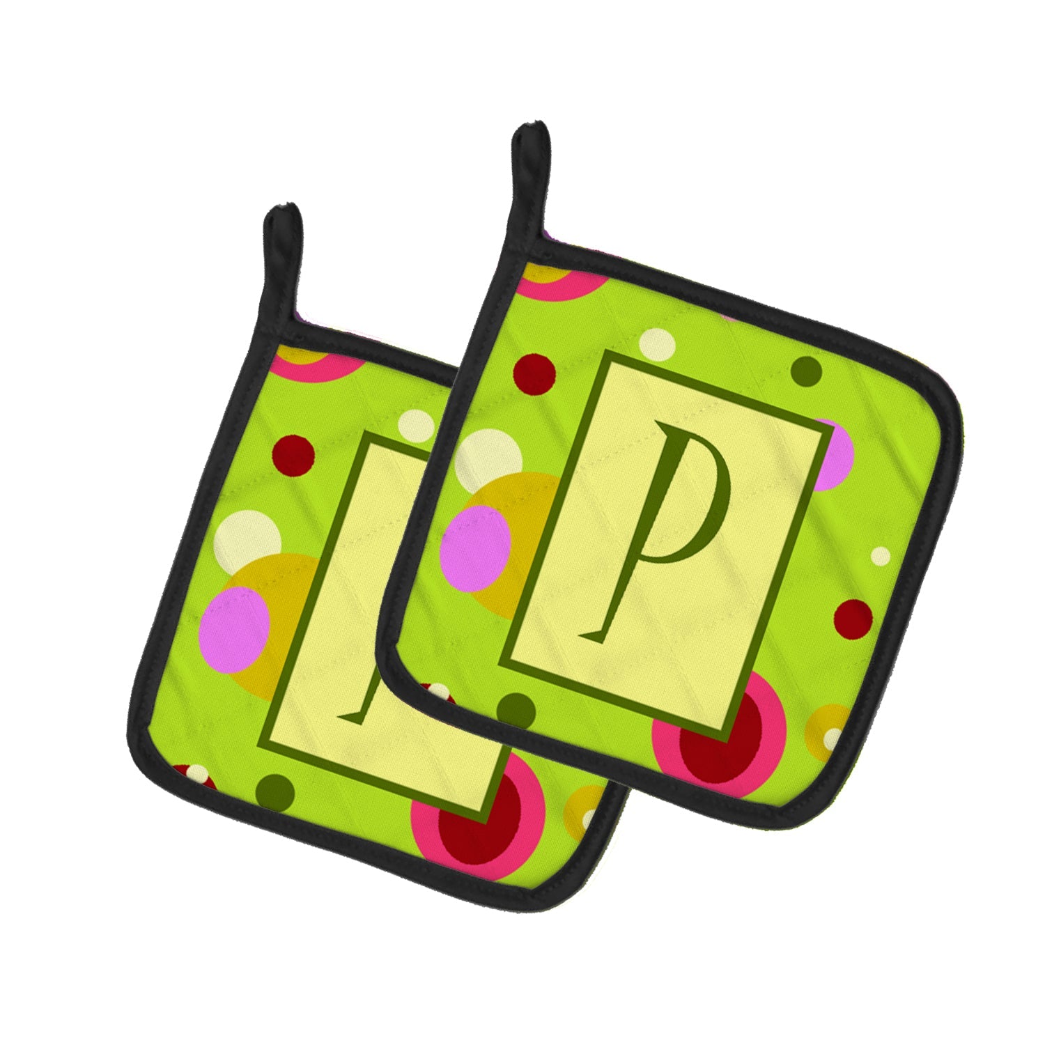 Letter P Monogram - Lime Green Pot Holder Set of 2 Heat Resistant Quilted Hot Pads 7.5 x 7.5 Inch, Insulated Kitchen Trivets for Cooking & Baking