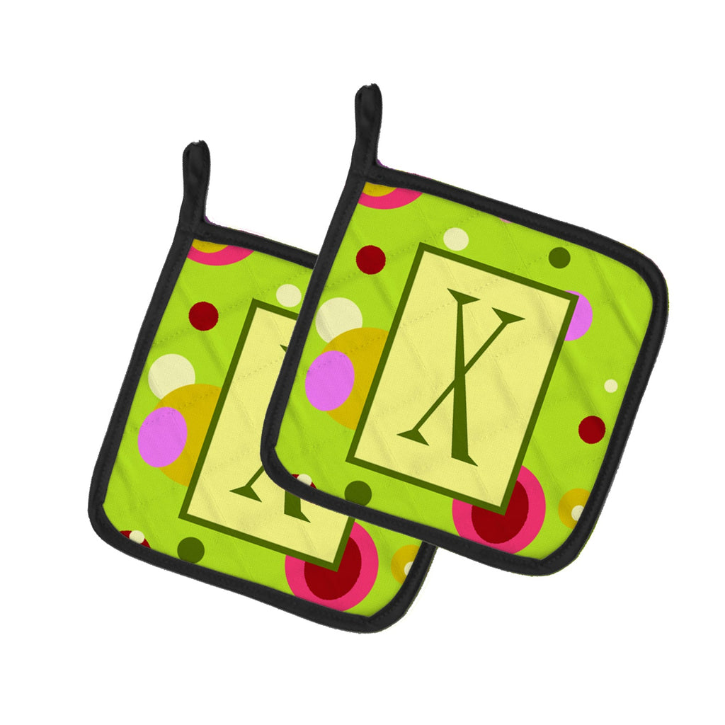 Letter X Monogram - Lime Green Pot Holder Set of 2 Heat Resistant Quilted Hot Pads 7.5 x 7.5 Inch, Insulated Kitchen Trivets for Cooking & Baking