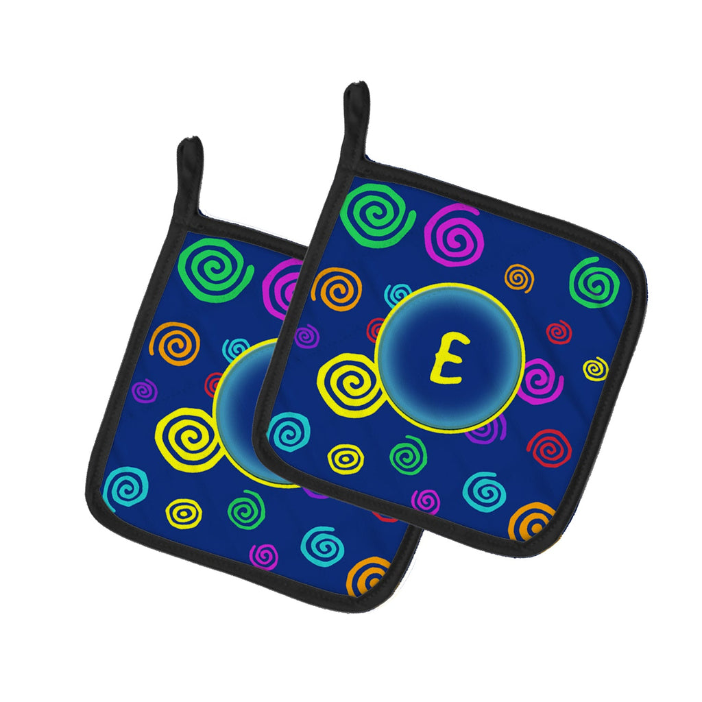 Letter E Initial Monogram - Blue Swirls Pot Holder Set of 2 Heat Resistant Quilted Hot Pads 7.5 x 7.5 Inch, Insulated Kitchen Trivets for Cooking & Baking