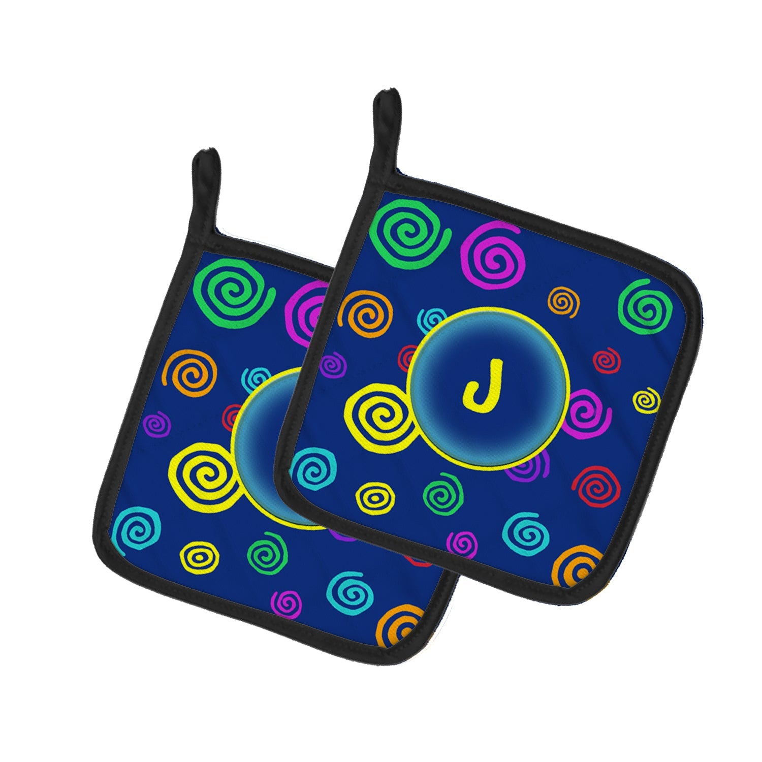Letter J Initial Monogram - Blue Swirls Pot Holder Set of 2 Heat Resistant Quilted Hot Pads 7.5 x 7.5 Inch, Insulated Kitchen Trivets for Cooking & Baking