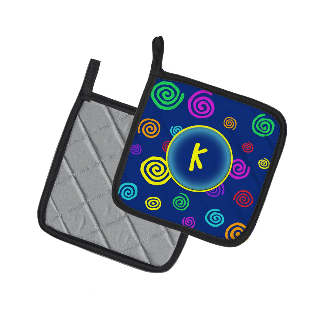 Letter K Initial Monogram - Blue Swirls Pot Holder Set of 2 Heat Resistant Quilted Hot Pads 7.5 x 7.5 Inch, Insulated Kitchen Trivets for Cooking & Baking