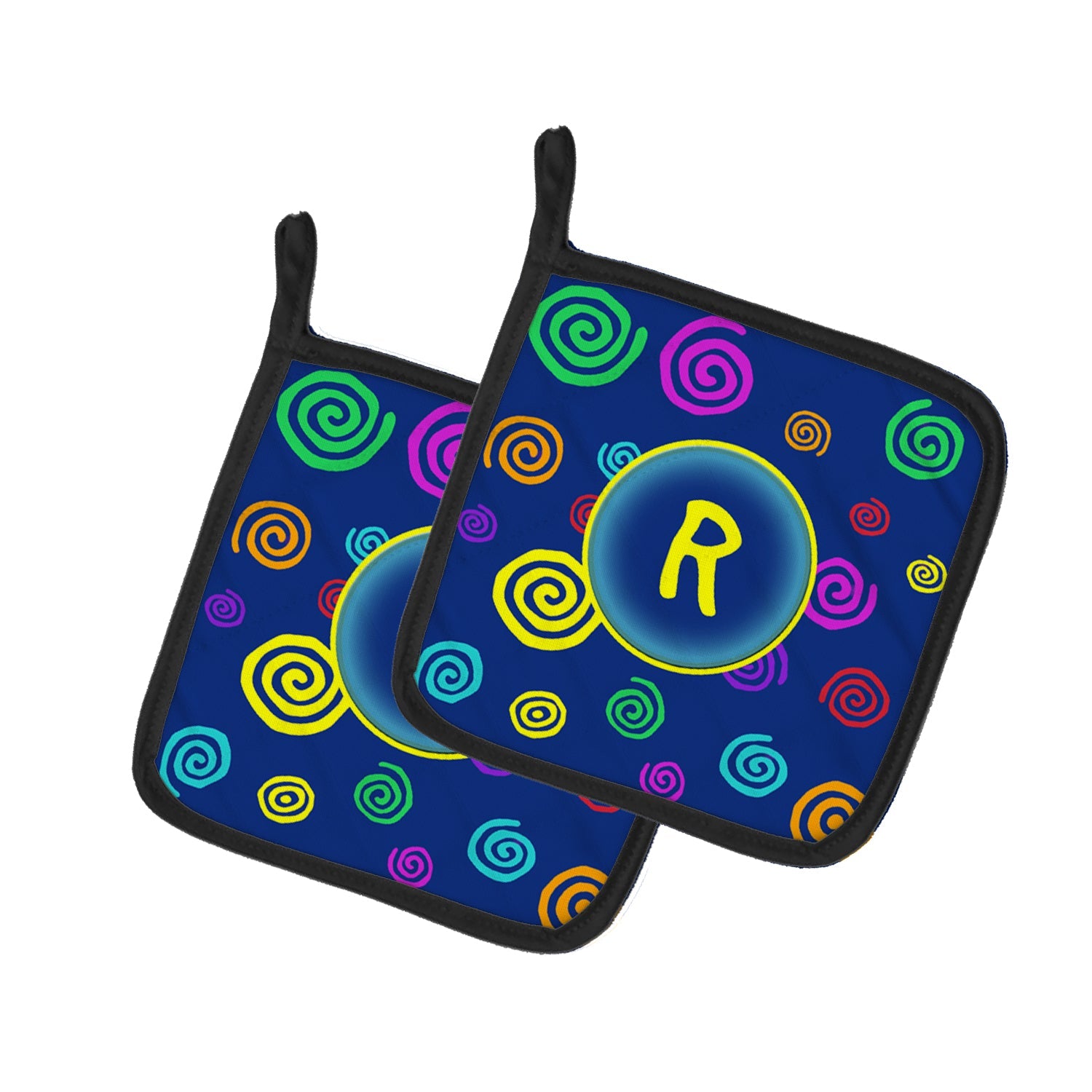 Letter R Initial Monogram - Blue Swirls Pot Holder Set of 2 Heat Resistant Quilted Hot Pads 7.5 x 7.5 Inch, Insulated Kitchen Trivets for Cooking & Baking