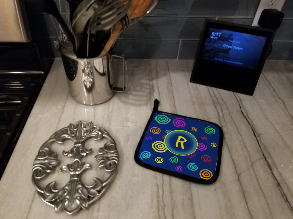 Letter R Initial Monogram - Blue Swirls Pot Holder Set of 2 Heat Resistant Quilted Hot Pads 7.5 x 7.5 Inch, Insulated Kitchen Trivets for Cooking & Baking